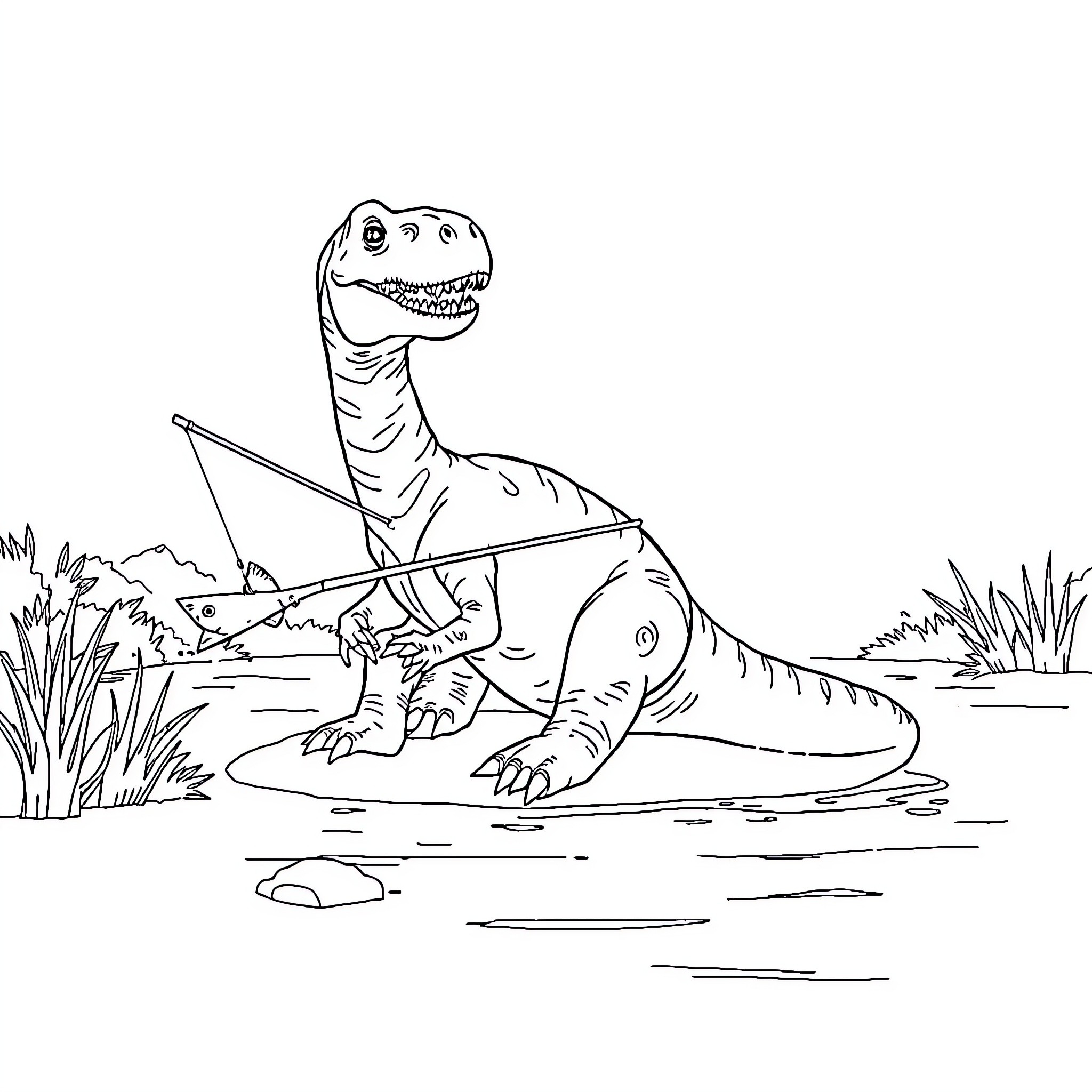 Dinosaur fishing in the river Coloring Page (free black-and-white line drawing printable PDF for all, from beginners to advanced learners, including children, teens, adults, and seniors)