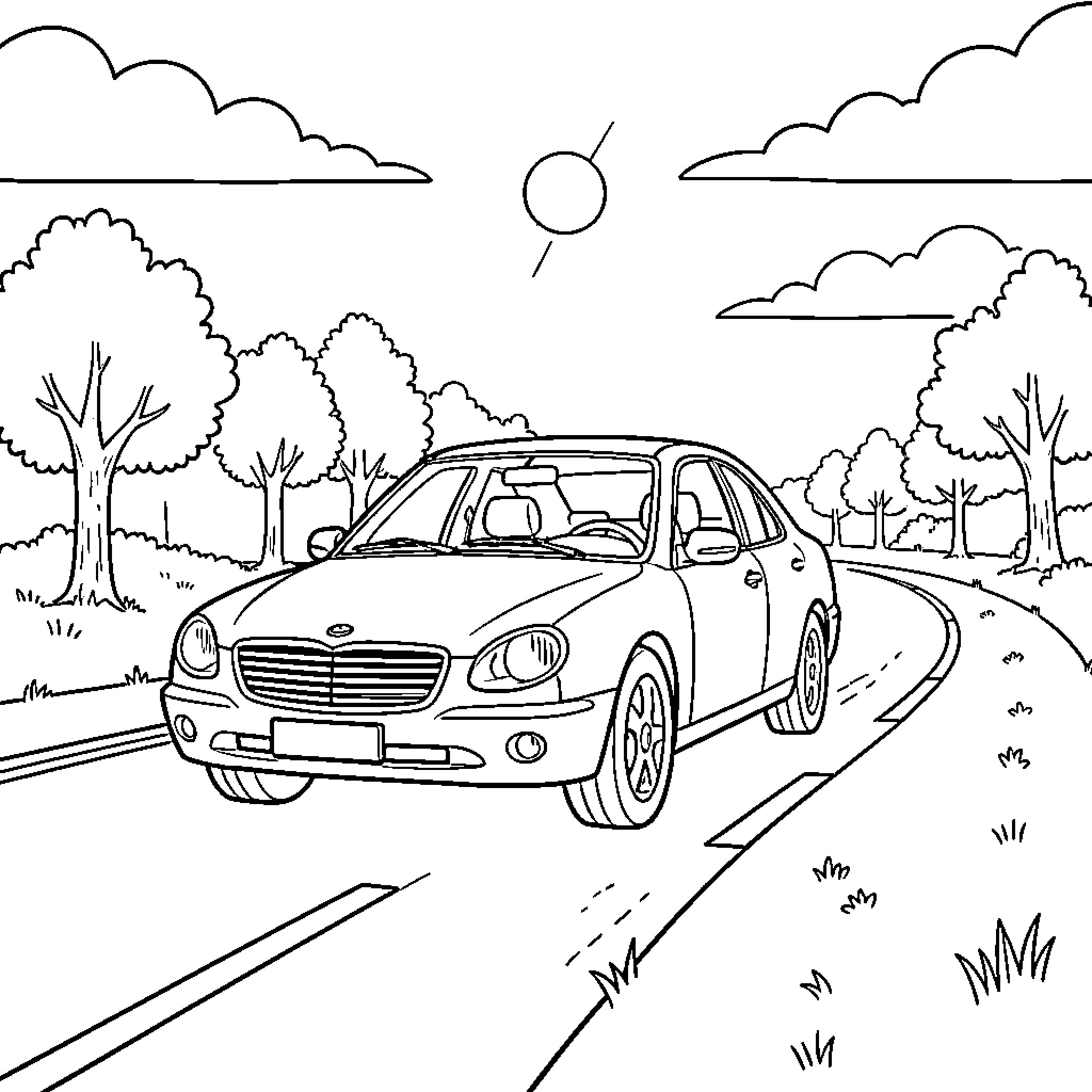 Car driving along a winding road through trees Coloring Page (free black-and-white line drawing printable PDF for all, from beginners to advanced learners, including children, teens, adults, and seniors)