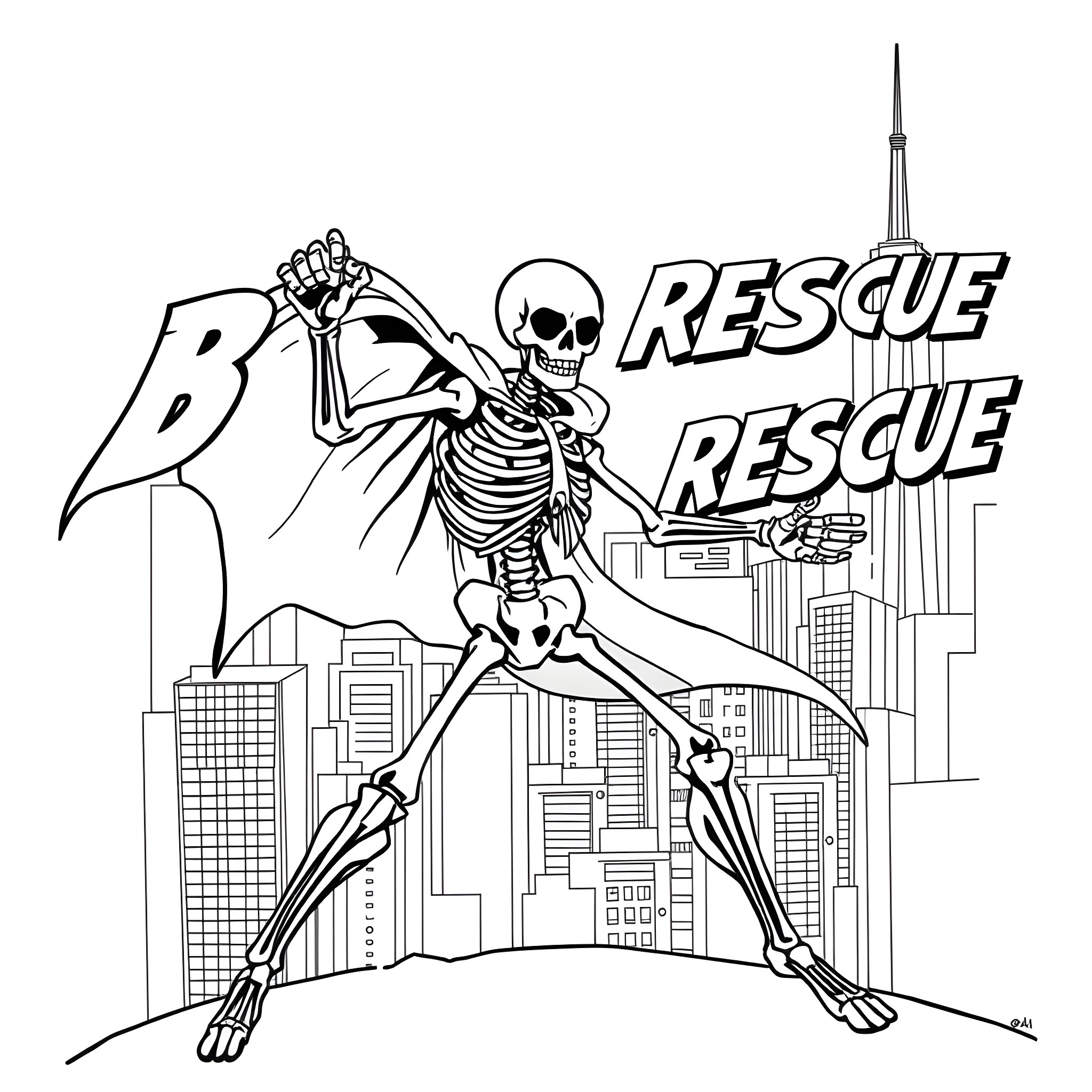 Skeleton Rescue Team Jumping into Action Coloring Page (free black-and-white line drawing printable PDF for all, from beginners to advanced learners, including children, teens, adults, and seniors)