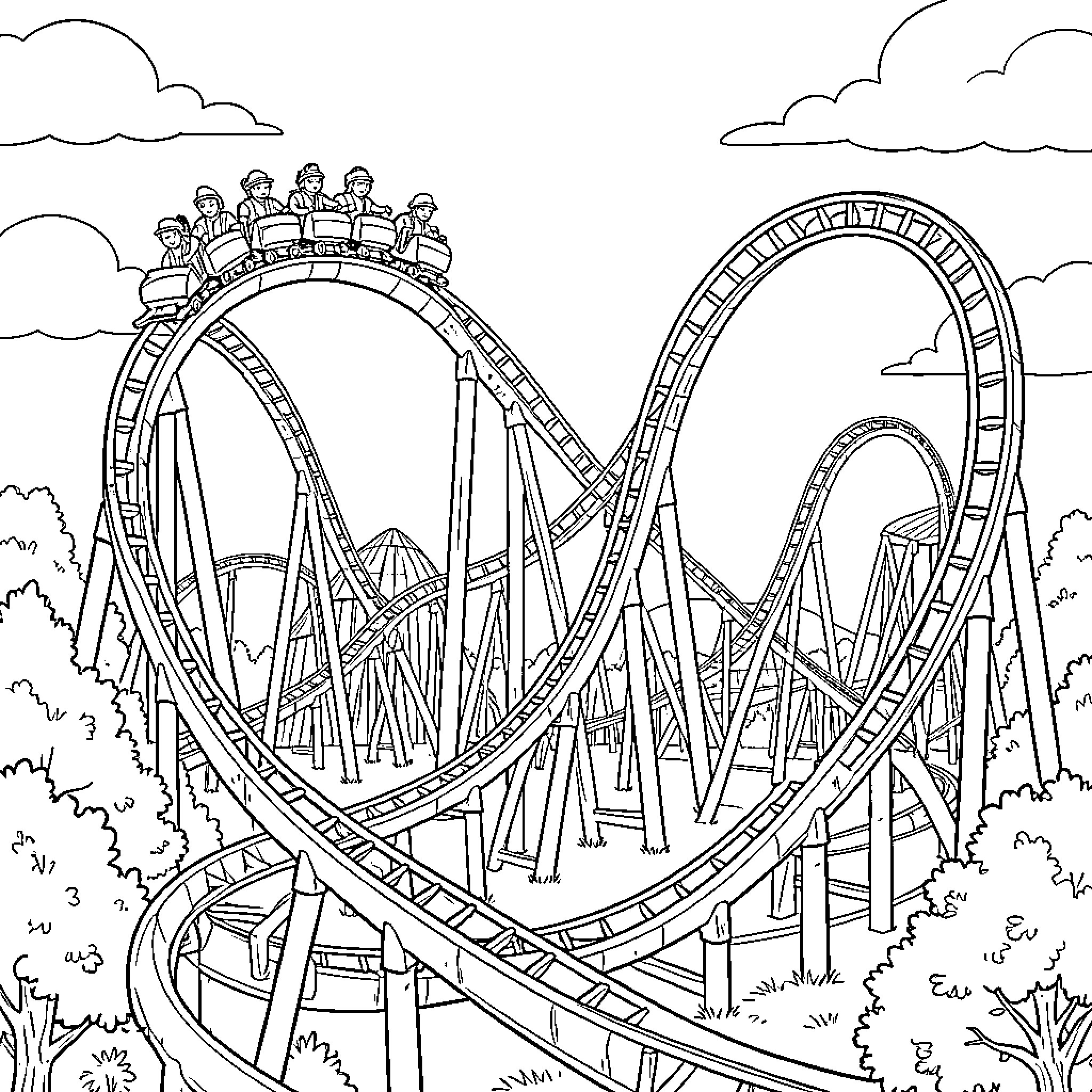 Rollercoaster ride with excited passengers Coloring Page (free black-and-white line drawing printable PDF for all, from beginners to advanced learners, including children, teens, adults, and seniors)