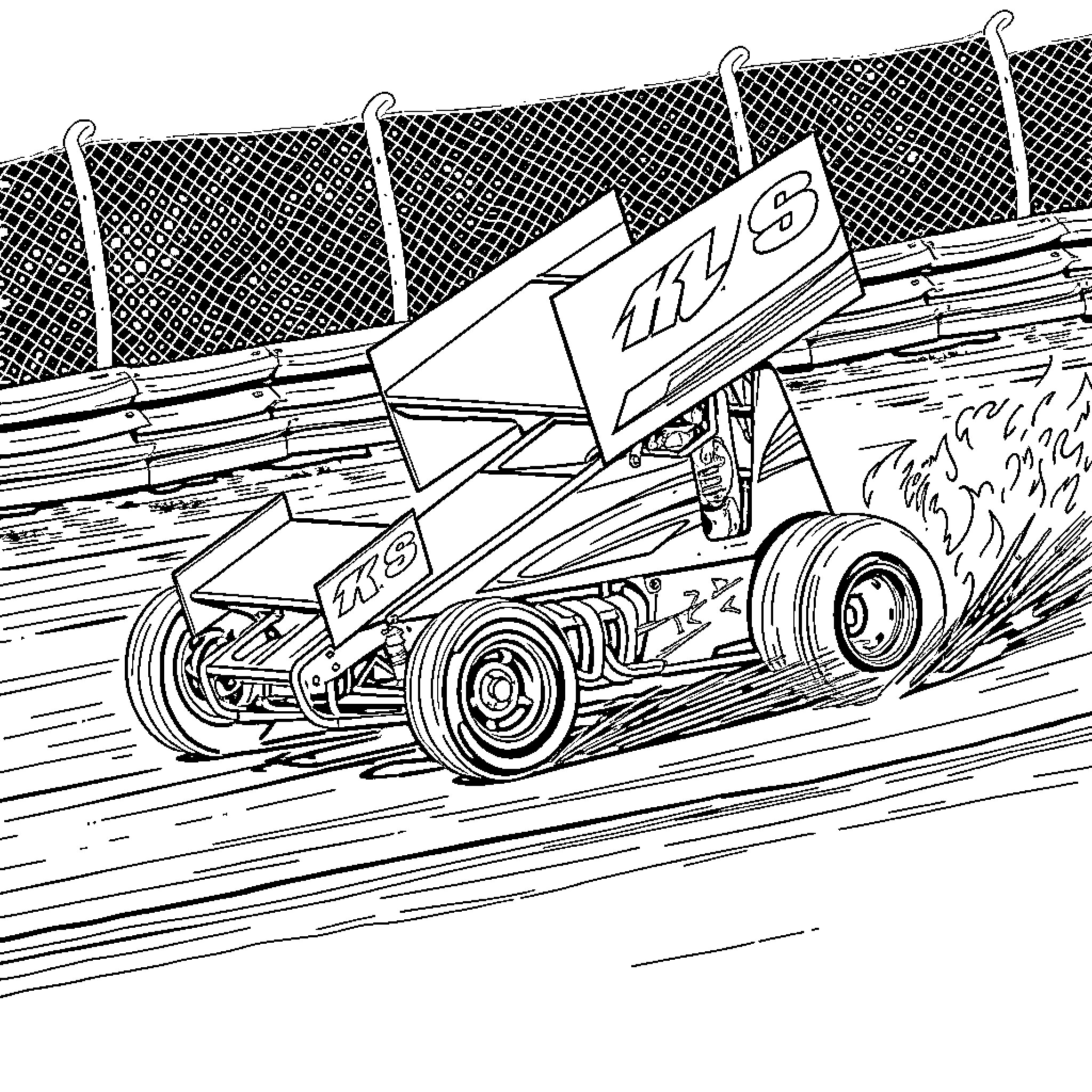 Sprintcar racing action on the track Coloring Page (free black-and-white line drawing printable PDF for all, from beginners to advanced learners, including children, teens, adults, and seniors)