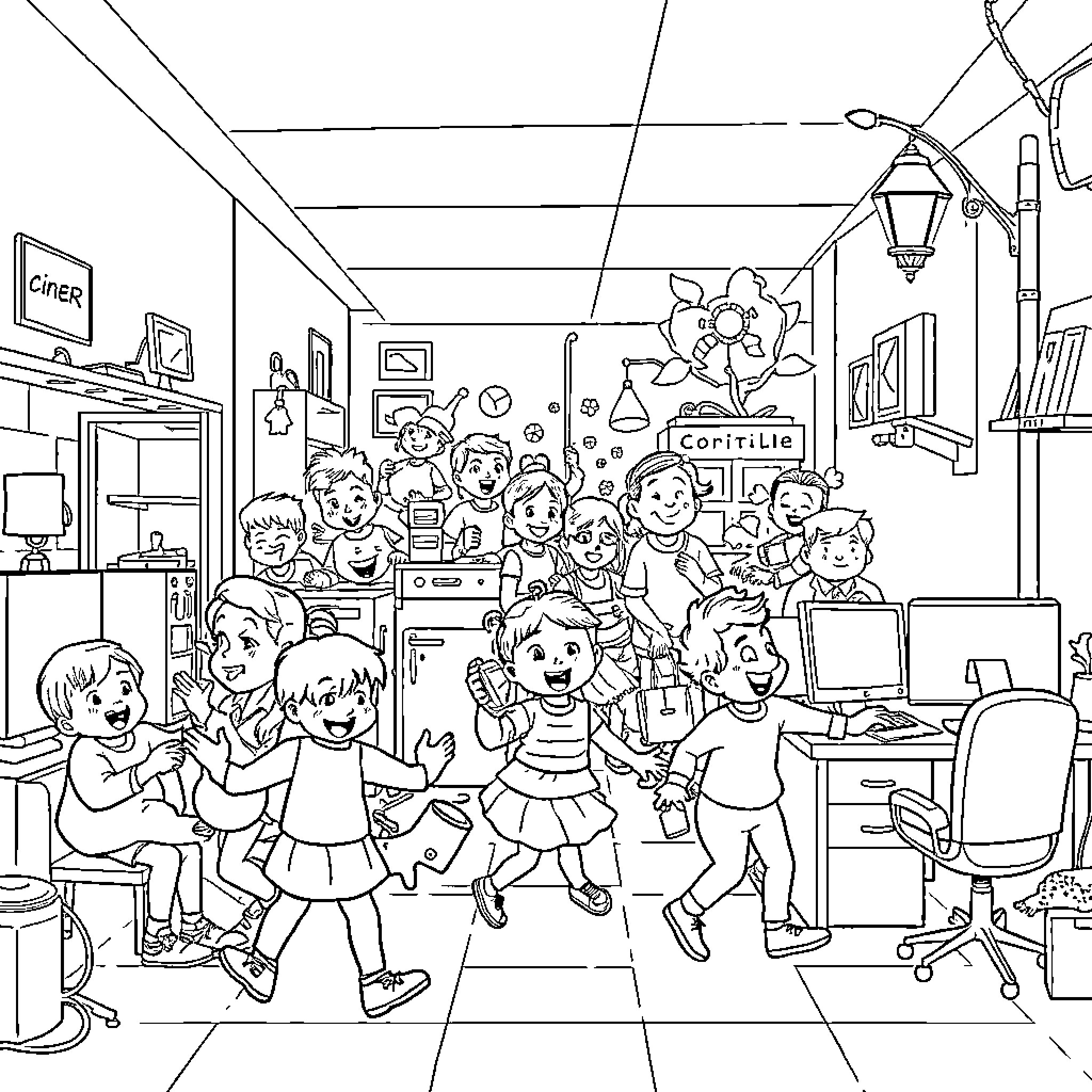 Gegenstände Kinder spielen und tanzen fröhlich im Klassenzimmer Coloring Page (free black-and-white line drawing printable PDF for all, from beginners to advanced learners, including children, teens, adults, and seniors)