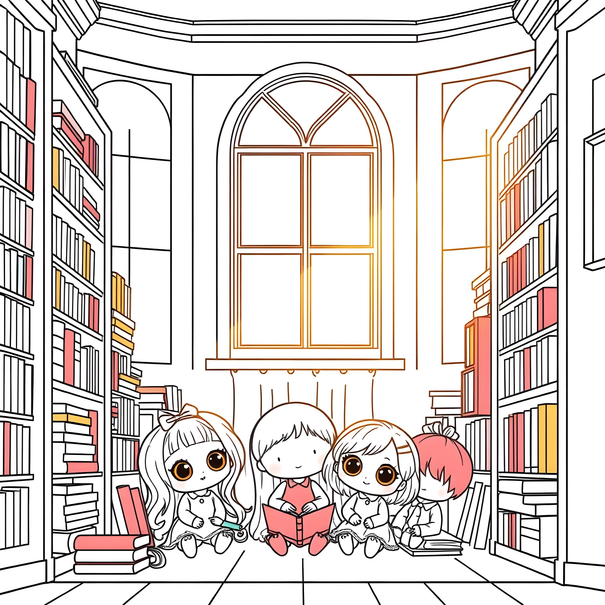 Doll Friends Reading Books in Library Coloring Page (free black-and-white line drawing printable PDF for all, from beginners to advanced learners, including children, teens, adults, and seniors)