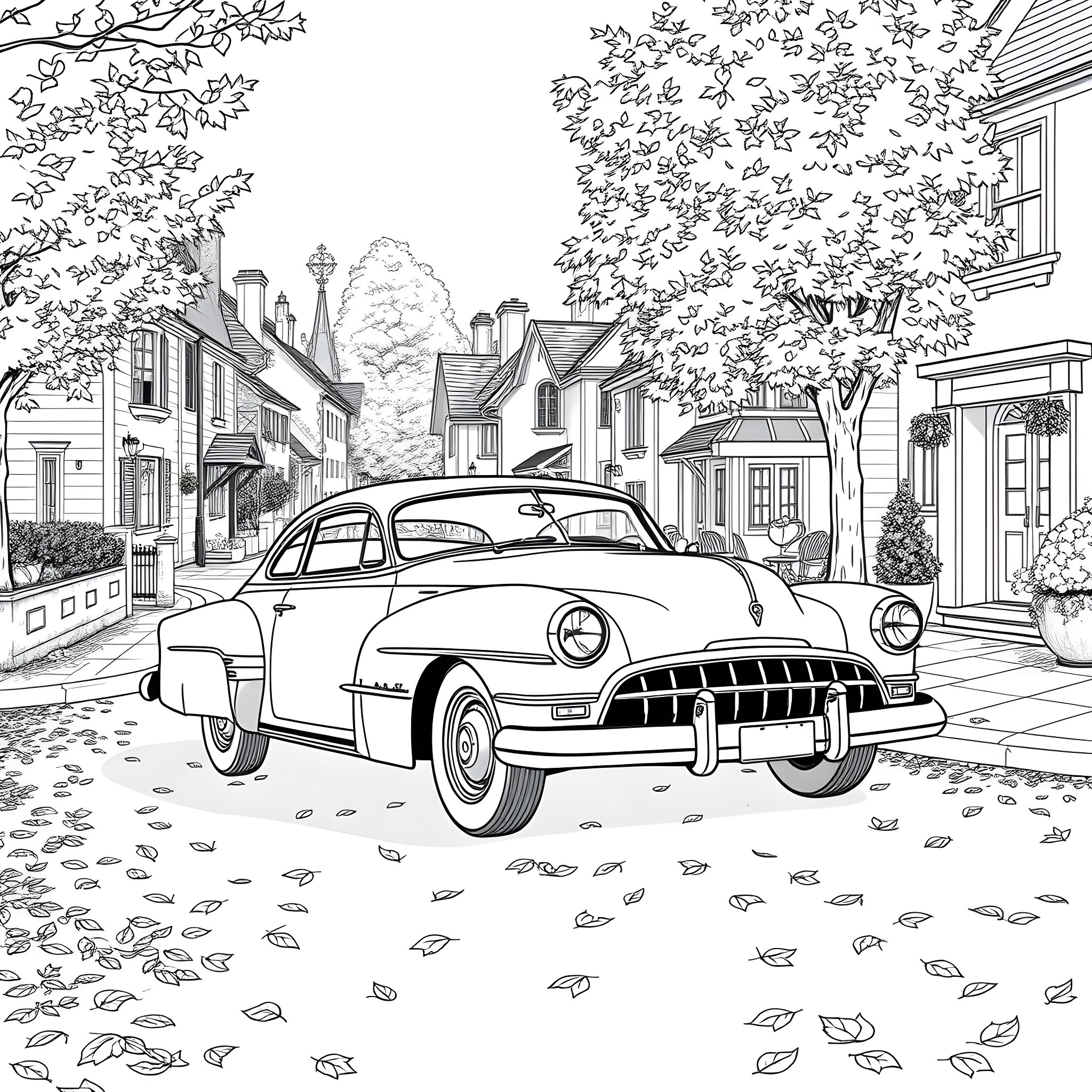 Classic Car Cruising Through Quaint Town Coloring Page (free black-and-white line drawing printable PDF for all, from beginners to advanced learners, including children, teens, adults, and seniors)