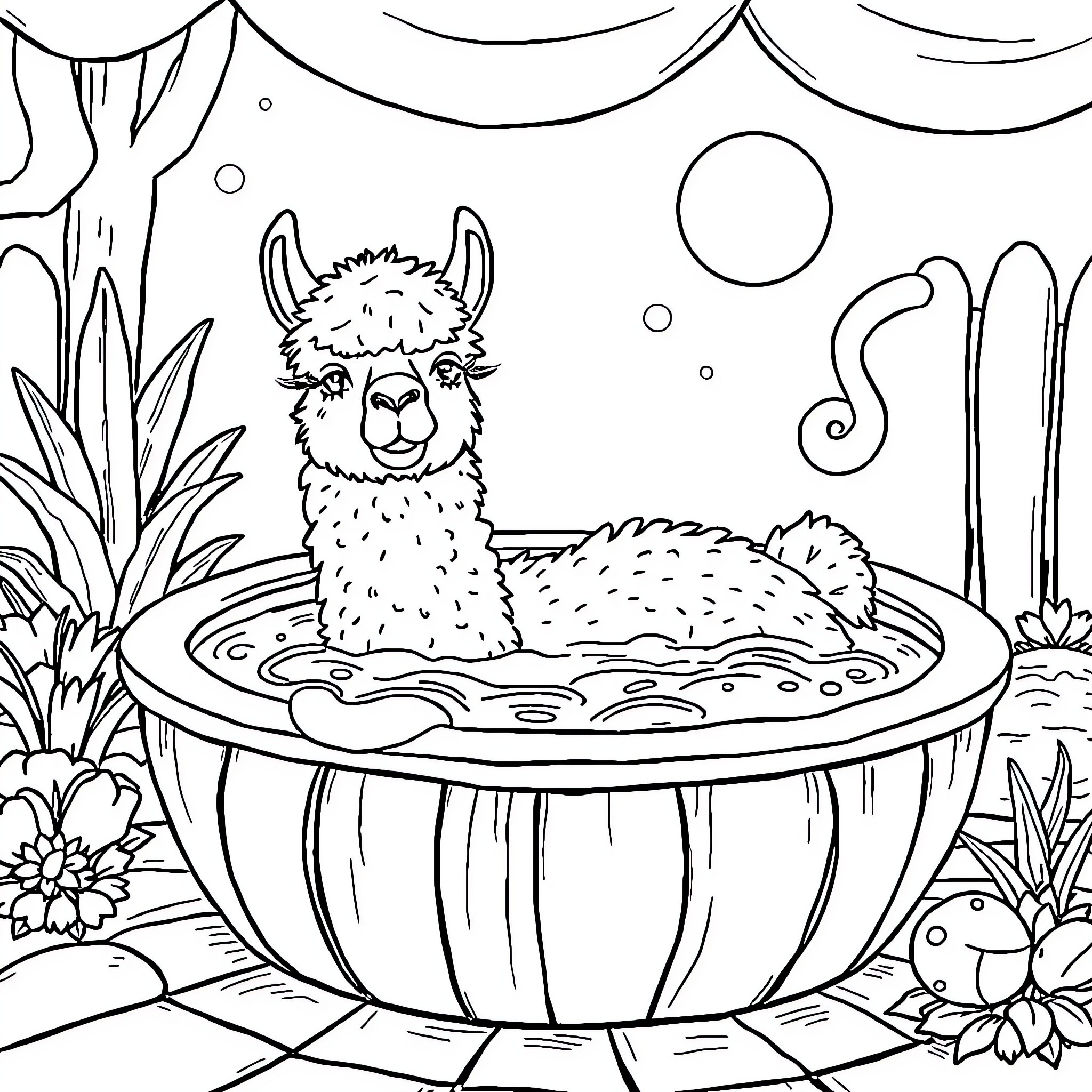 Alpaca relaxing in a cozy hot tub Coloring Page (free black-and-white line drawing printable PDF for all, from beginners to advanced learners, including children, teens, adults, and seniors)