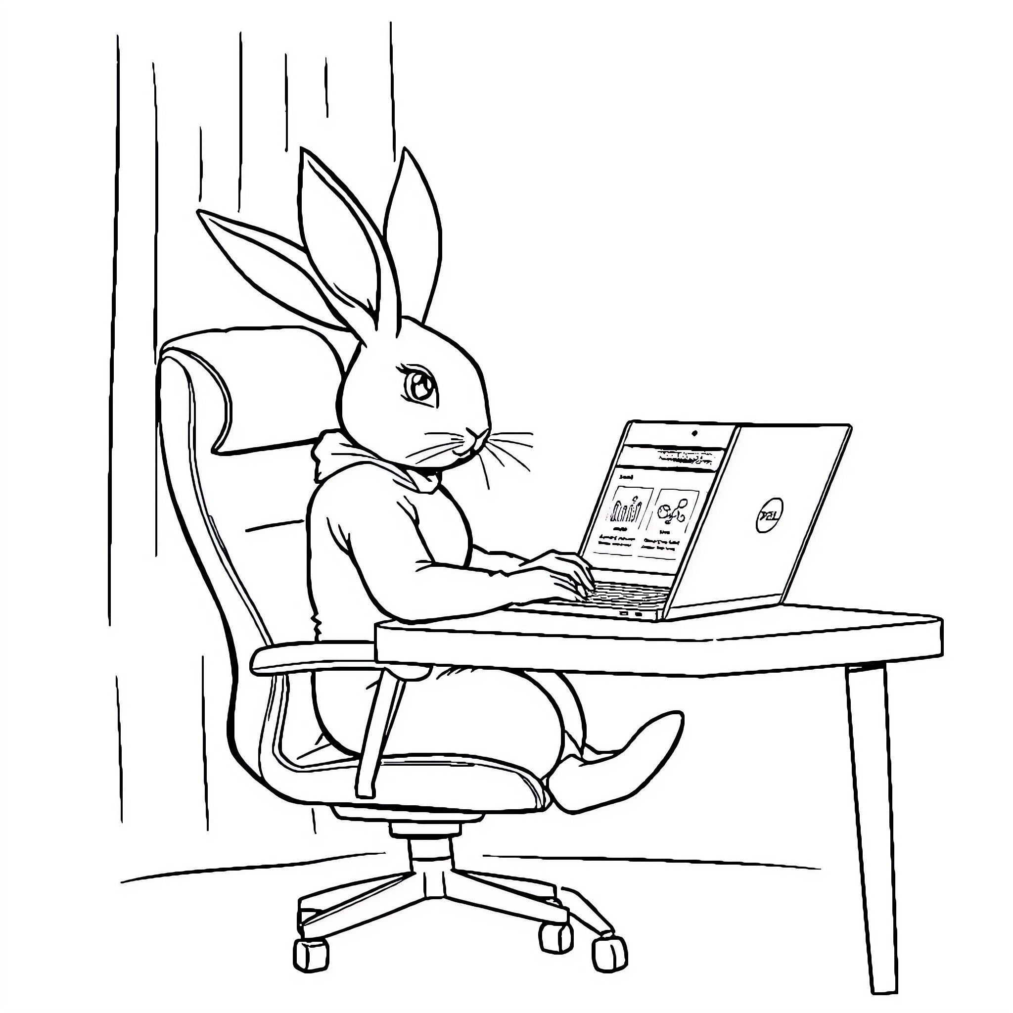 Rabbit working diligently at computer Coloring Page (free black-and-white line drawing printable PDF for all, from beginners to advanced learners, including children, teens, adults, and seniors)