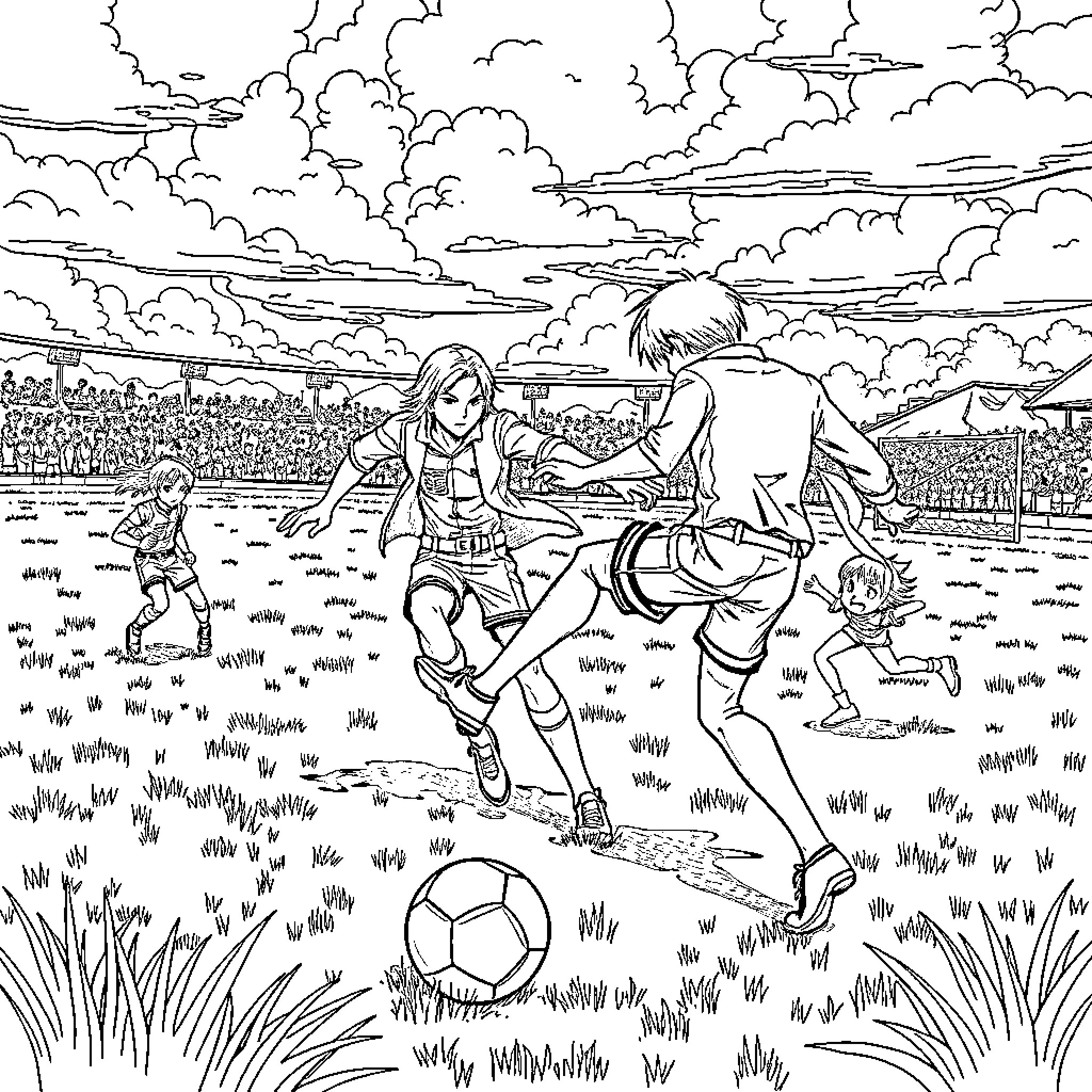 Attack on Titan - Intense Soccer Match in Titan-Filled Landscape Coloring Page (free black-and-white line drawing printable PDF for all, from beginners to advanced learners, including children, teens, adults, and seniors)