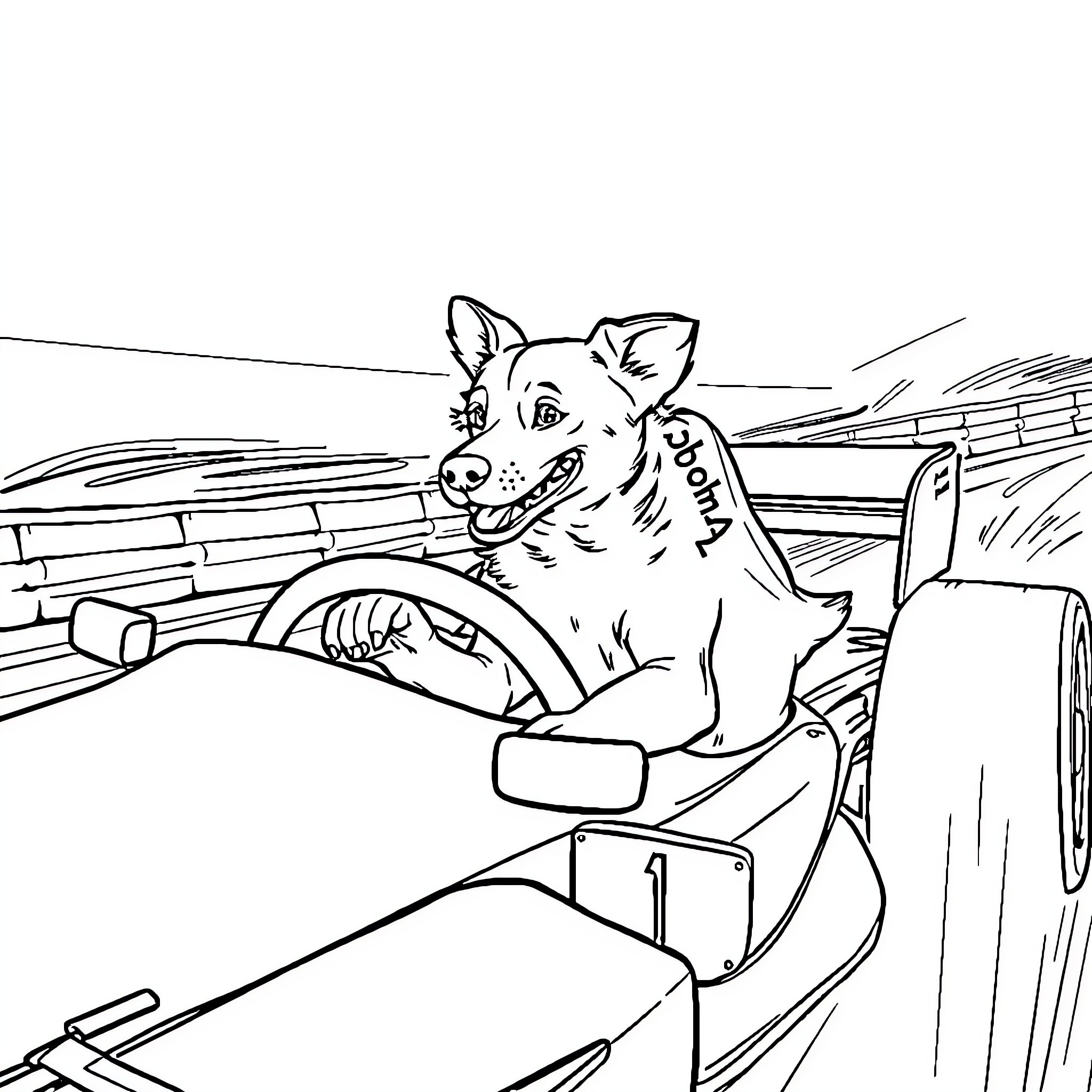 Dog driving a car with a cheerful expression Coloring Page (free black-and-white line drawing printable PDF for all, from beginners to advanced learners, including children, teens, adults, and seniors)