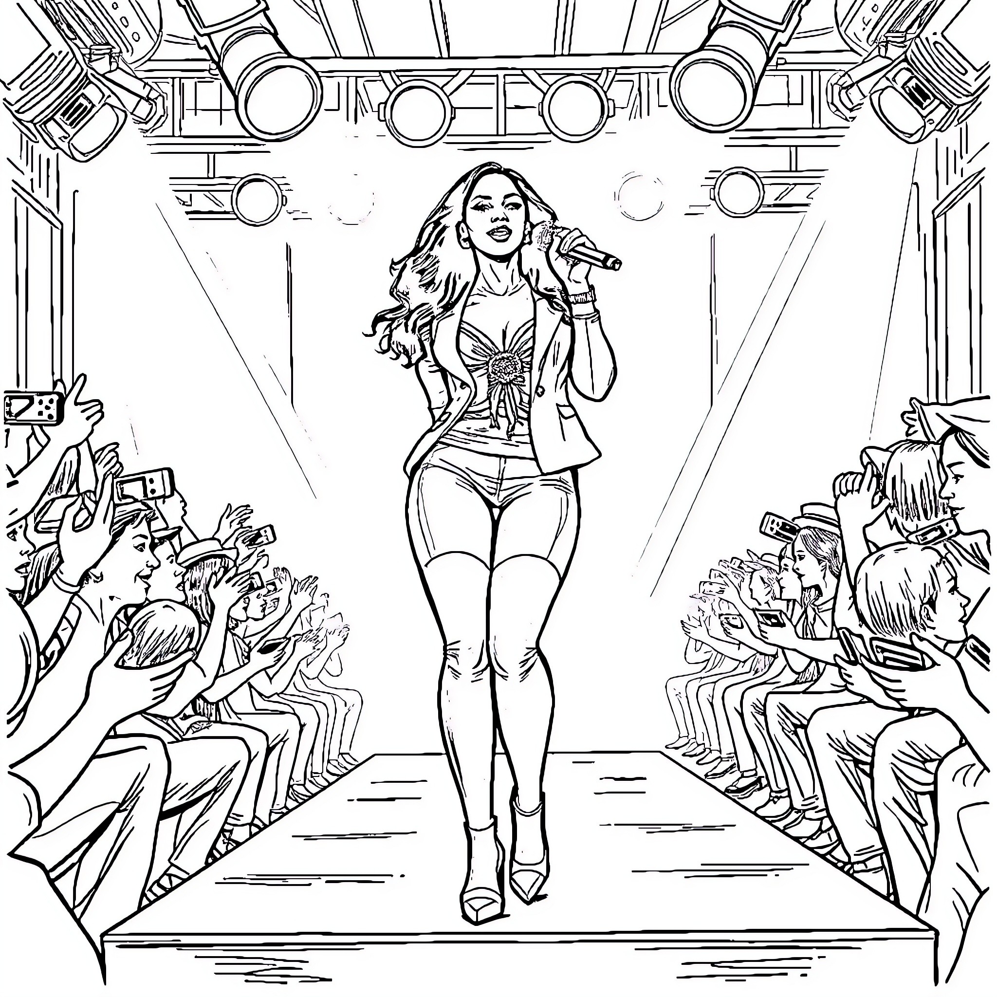 Aaliyah performing on stage for an enthusiastic crowd Coloring Page (free black-and-white line drawing printable PDF for all, from beginners to advanced learners, including children, teens, adults, and seniors)