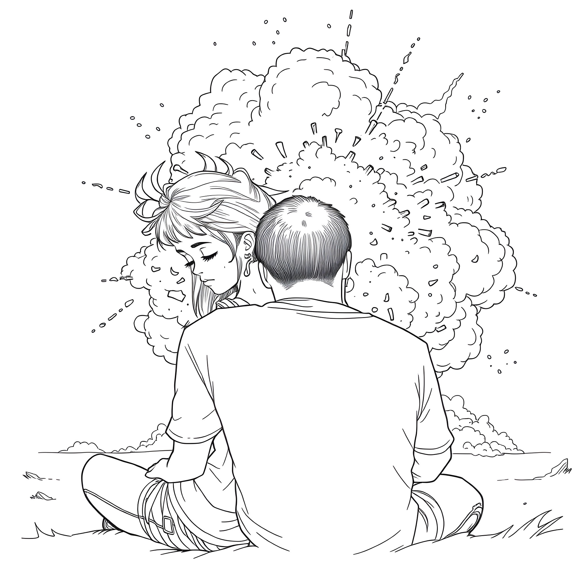 Girl gazing at a spectacular firework display Coloring Page (free black-and-white line drawing printable PDF for all, from beginners to advanced learners, including children, teens, adults, and seniors)