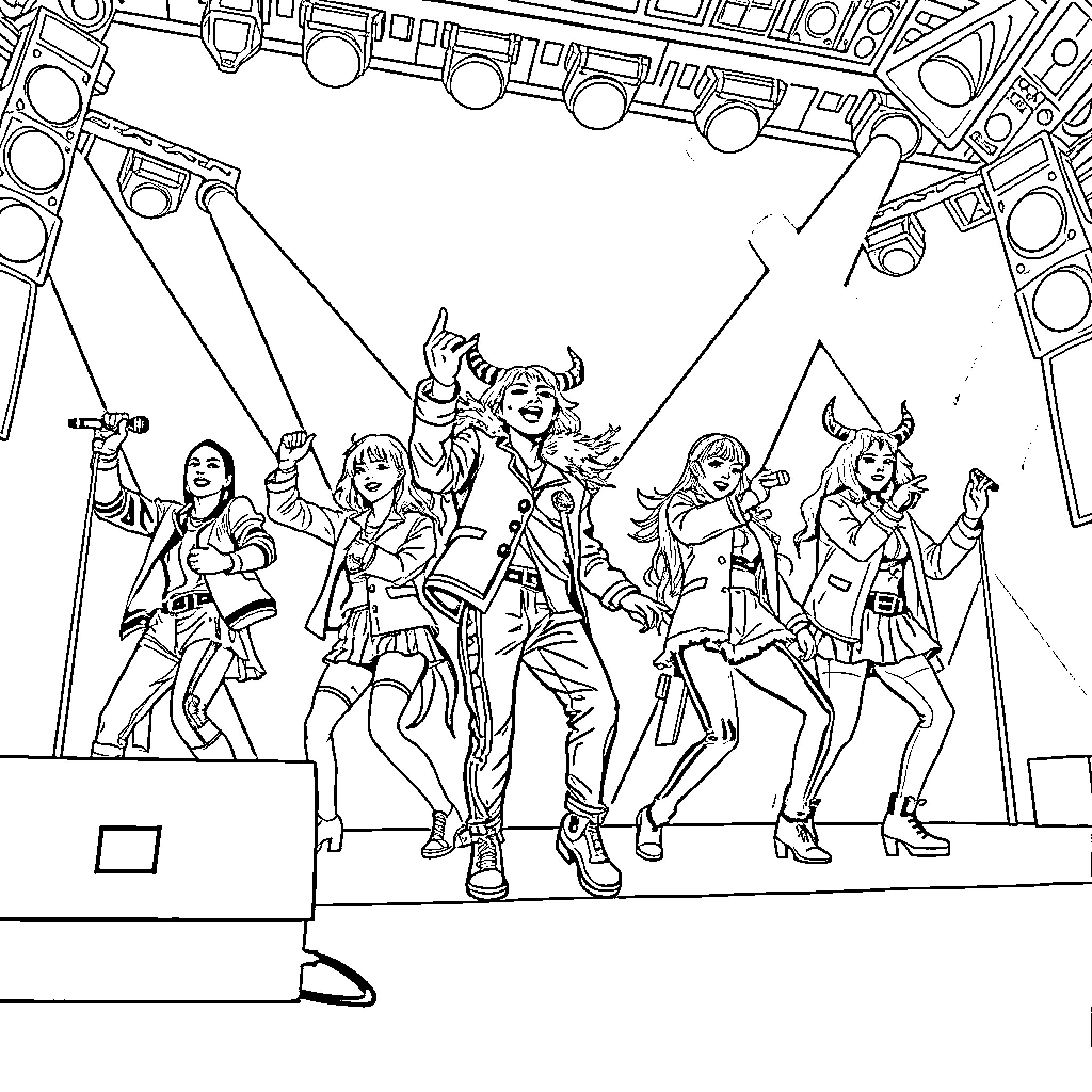 Kpop Demon Hunter Performers on Stage Coloring Page (free black-and-white line drawing printable PDF for all, from beginners to advanced learners, including children, teens, adults, and seniors)
