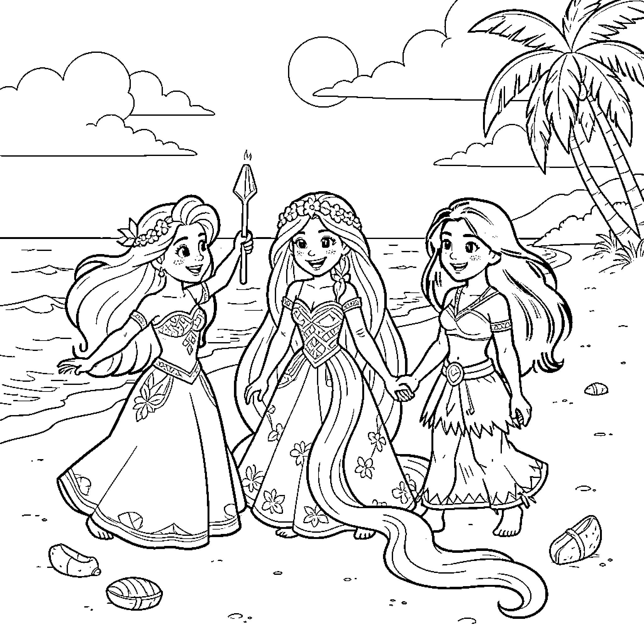 Princess friends having fun on the beach Coloring Page (free black-and-white line drawing printable PDF for all, from beginners to advanced learners, including children, teens, adults, and seniors)