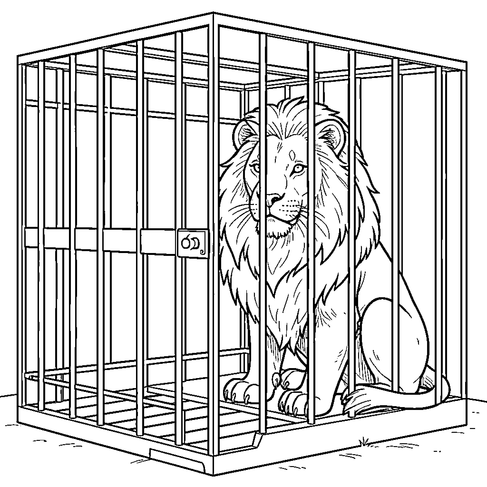 Loro Lion caged in captivity Coloring Page (free black-and-white line drawing printable PDF for all, from beginners to advanced learners, including children, teens, adults, and seniors)