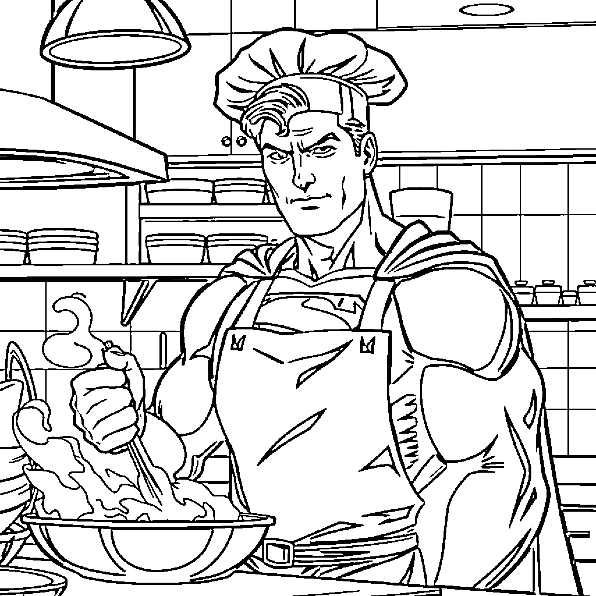 Superman cooking a delicious meal in the kitchen Coloring Page (free black-and-white line drawing printable PDF for all, from beginners to advanced learners, including children, teens, adults, and seniors)