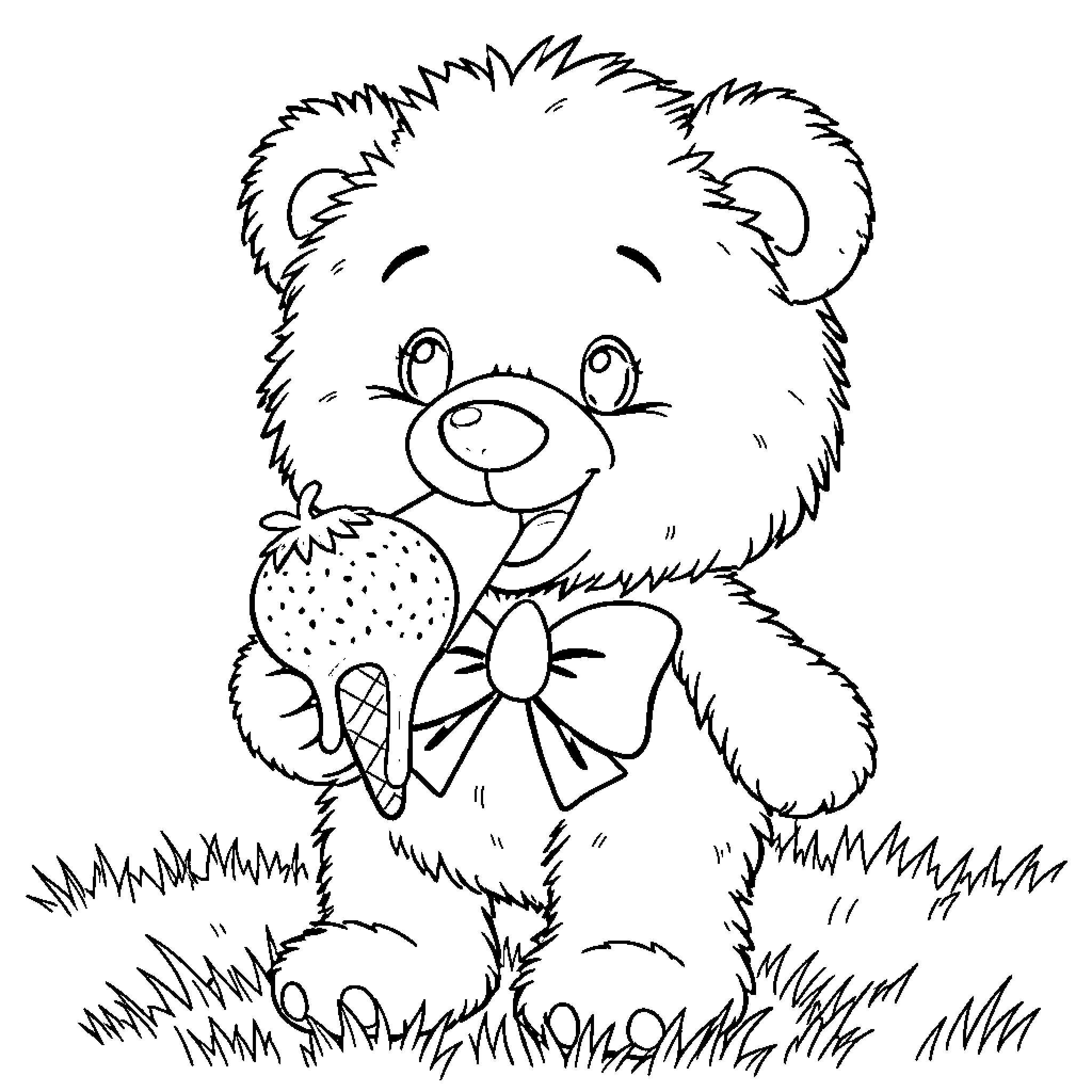 Teddy Bear holding a strawberry and flower Coloring Page (free black-and-white line drawing printable PDF for all, from beginners to advanced learners, including children, teens, adults, and seniors)