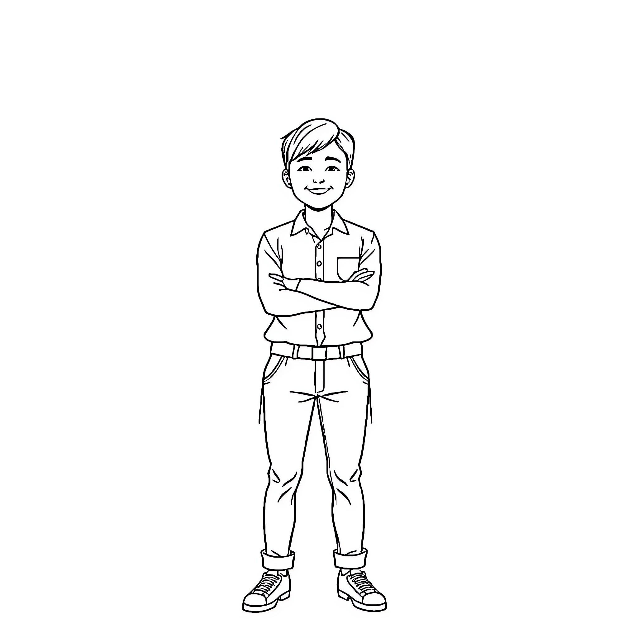 Anh Su-Ho in casual outfit with confident pose Coloring Page (free black-and-white line drawing printable PDF for all, from beginners to advanced learners, including children, teens, adults, and seniors)