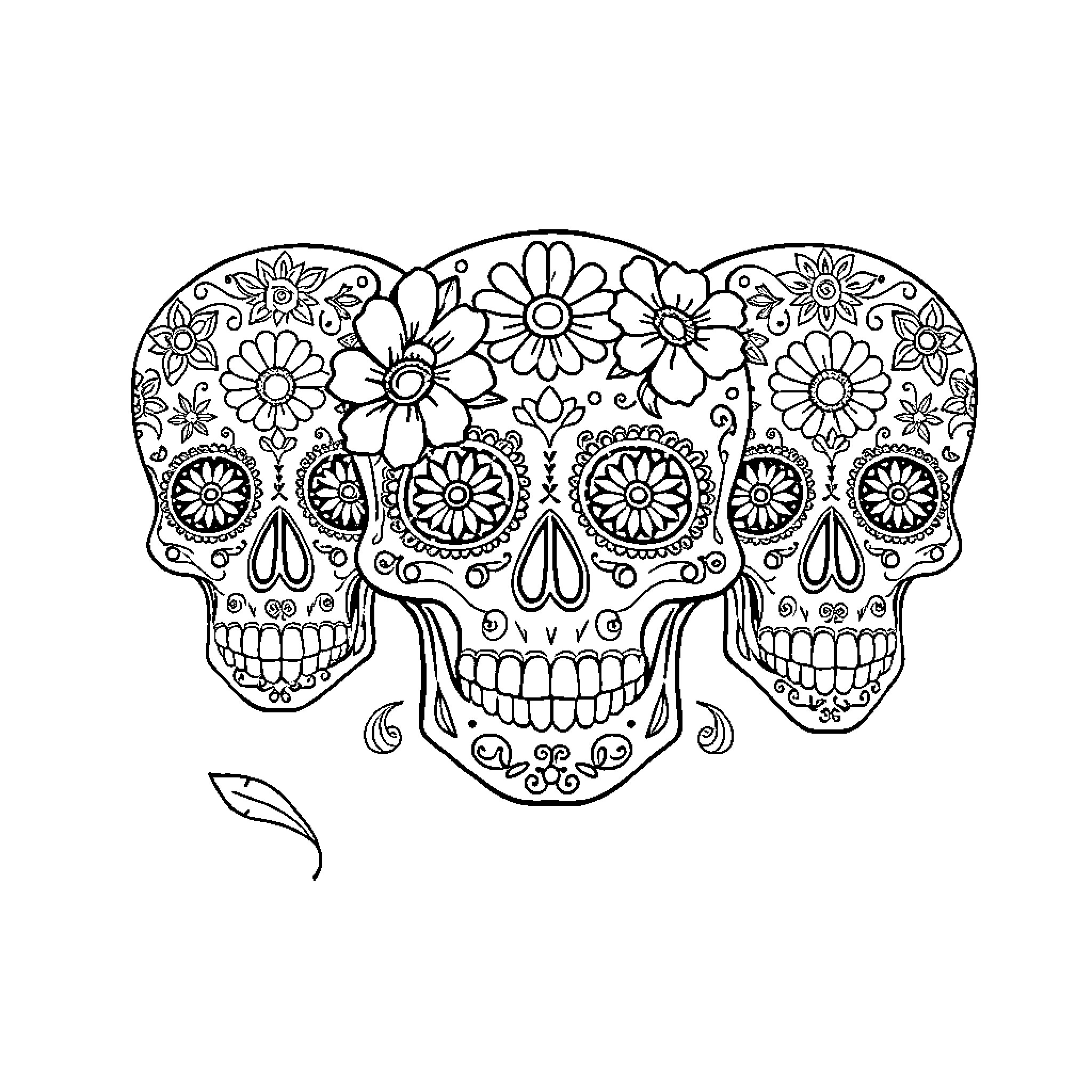 Sugar Skull Trio with Floral Decorations Coloring Page (free black-and-white line drawing printable PDF for all, from beginners to advanced learners, including children, teens, adults, and seniors)