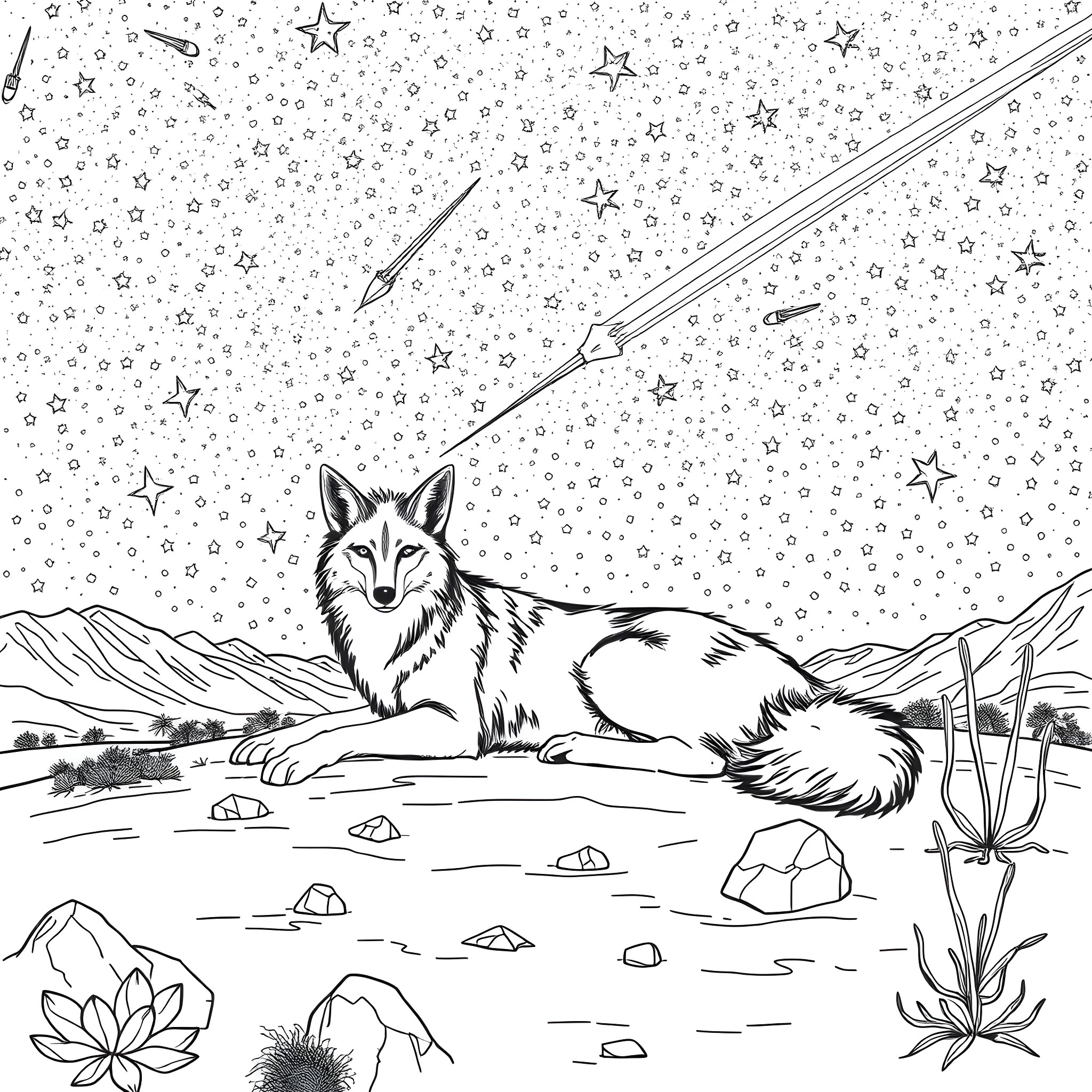 Coyote gazing at the starry night sky Coloring Page (free black-and-white line drawing printable PDF for all, from beginners to advanced learners, including children, teens, adults, and seniors)