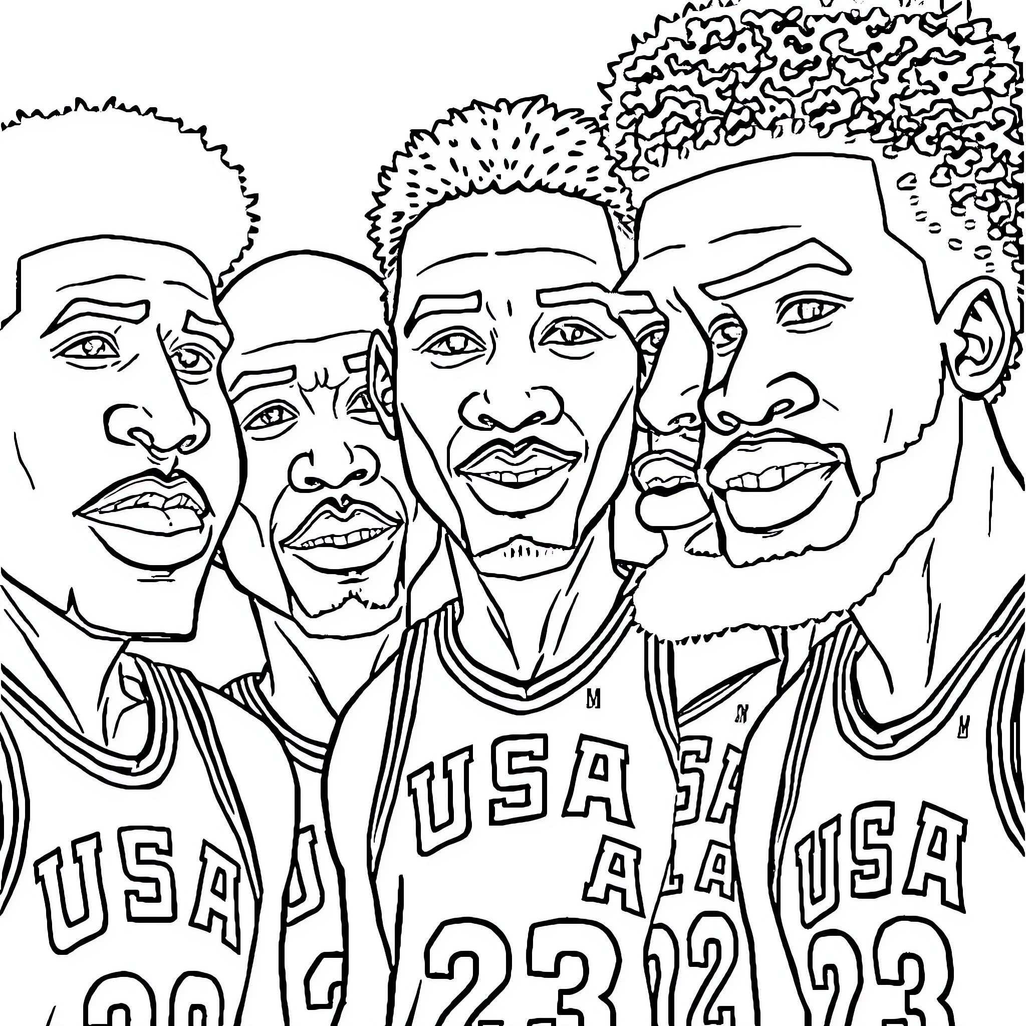 USA Dream Team Celebrates Unity and Camaraderie Coloring Page (free black-and-white line drawing printable PDF for all, from beginners to advanced learners, including children, teens, adults, and seniors)