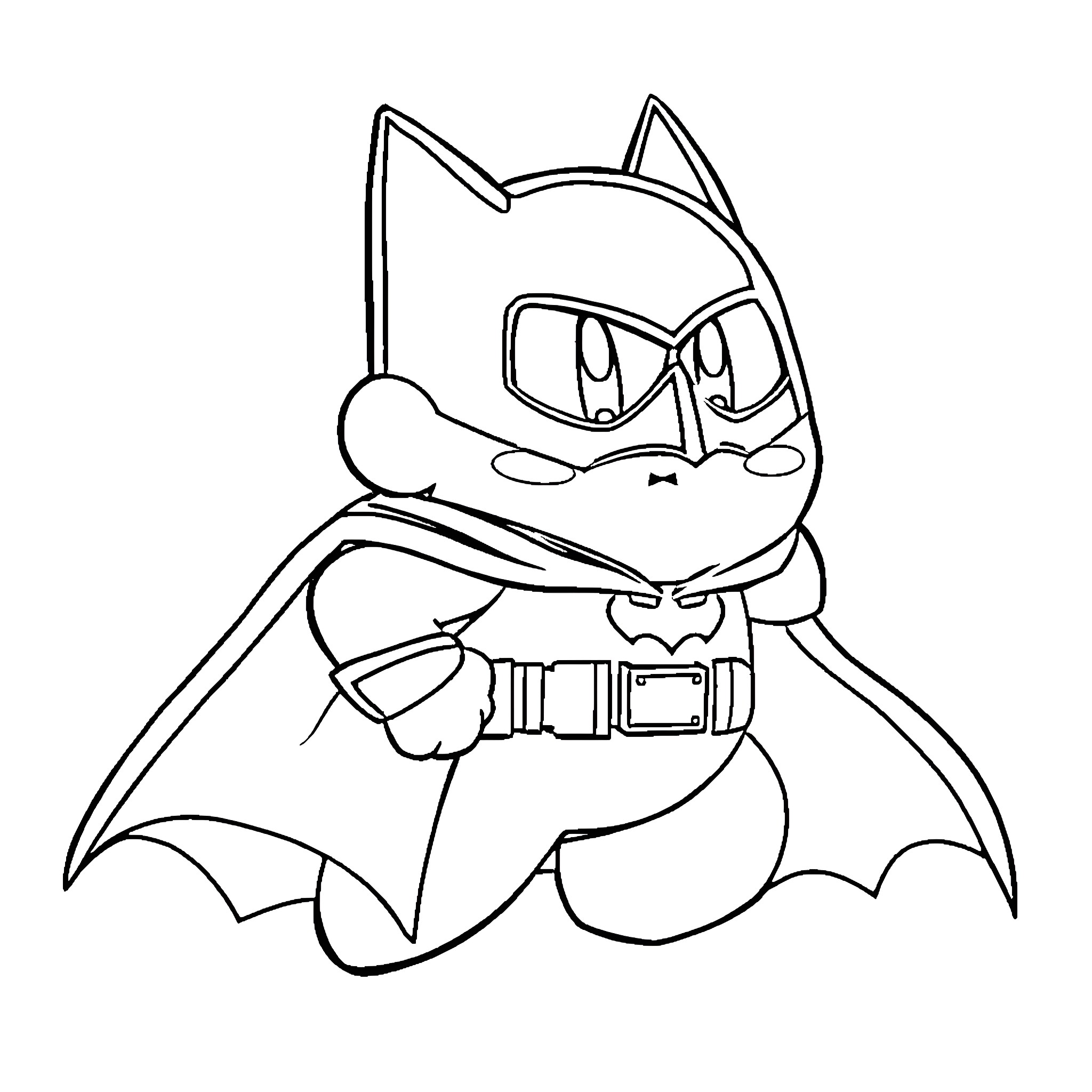 Kirby as a Superhero with Bat-like Costume Coloring Page (free black-and-white line drawing printable PDF for all, from beginners to advanced learners, including children, teens, adults, and seniors)