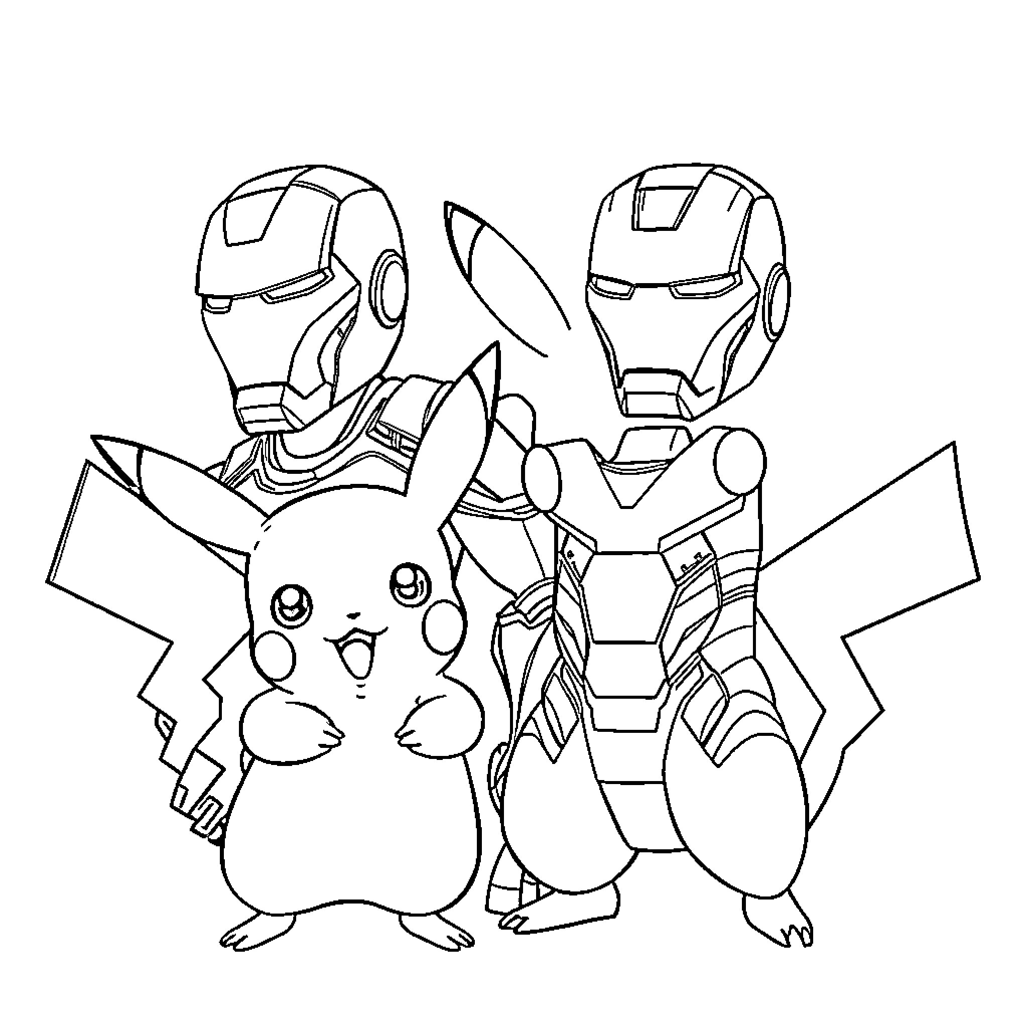Pikachu playing with Iron Man characters Coloring Page (free black-and-white line drawing printable PDF for all, from beginners to advanced learners, including children, teens, adults, and seniors)