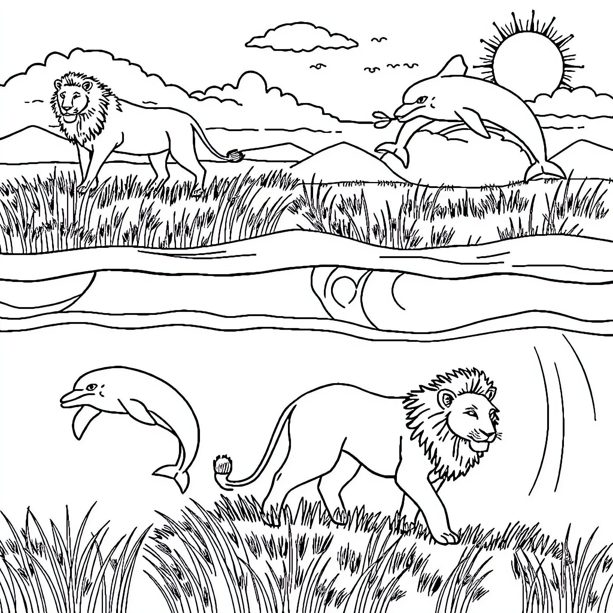 Animal Scene with Playful Creatures Coloring Page (free black-and-white line drawing printable PDF for all, from beginners to advanced learners, including children, teens, adults, and seniors)