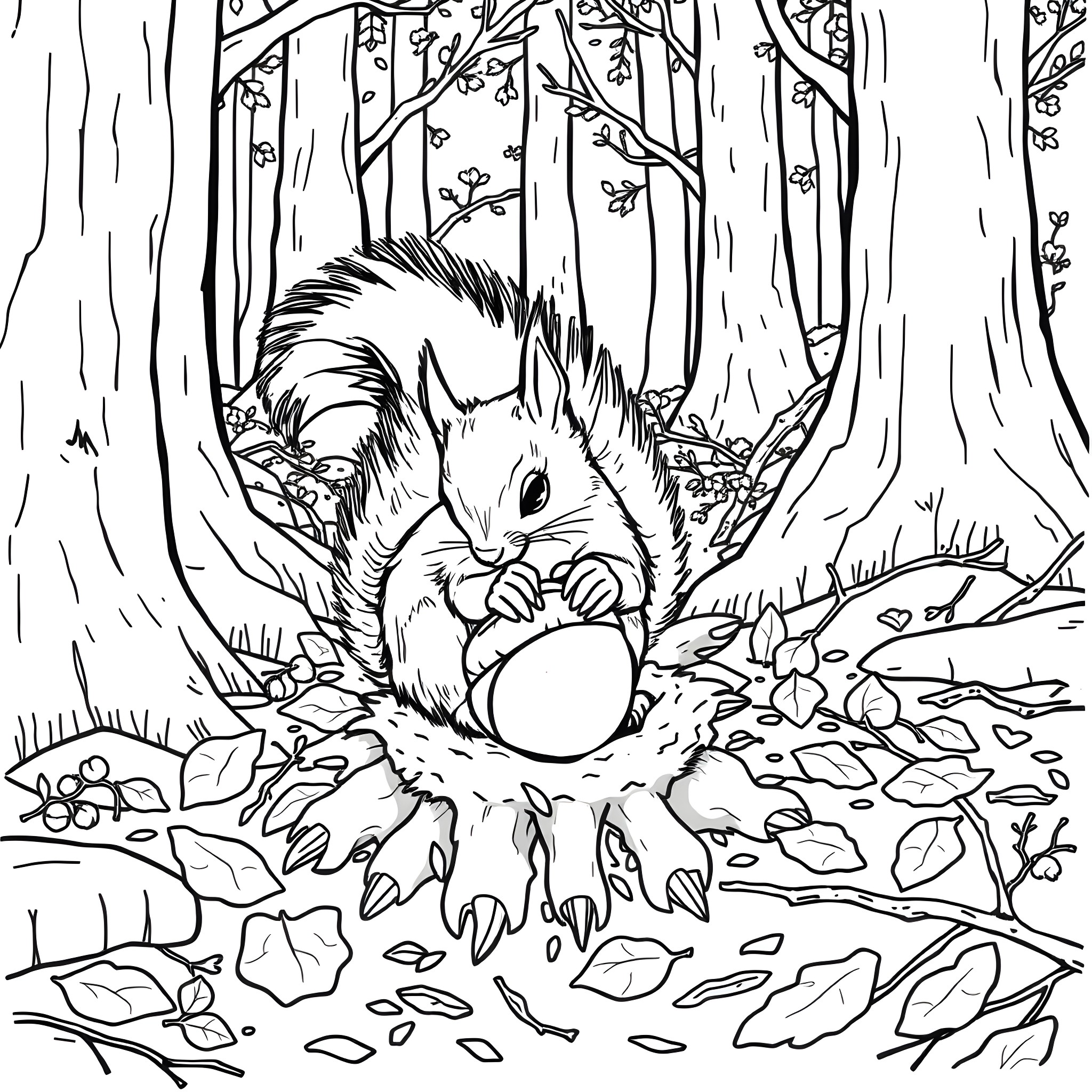 Squirrel foraging in the forest Coloring Page (free black-and-white line drawing printable PDF for all, from beginners to advanced learners, including children, teens, adults, and seniors)