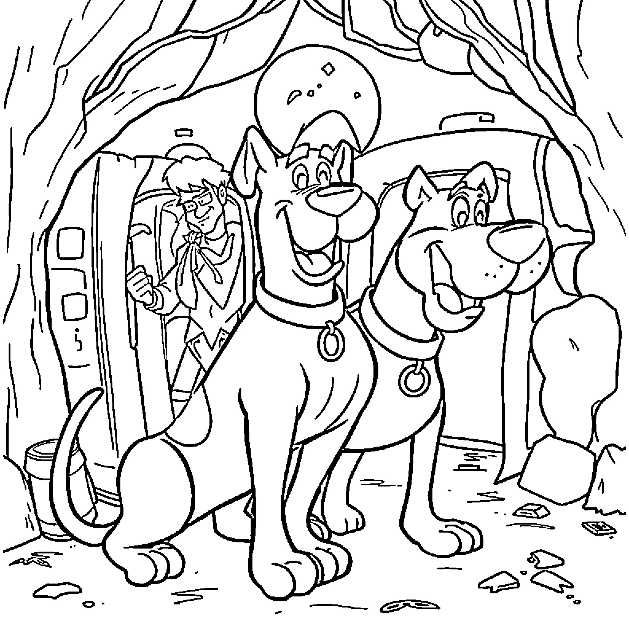 Scooby Doo and his friends on an adventure Coloring Page (free black-and-white line drawing printable PDF for all, from beginners to advanced learners, including children, teens, adults, and seniors)