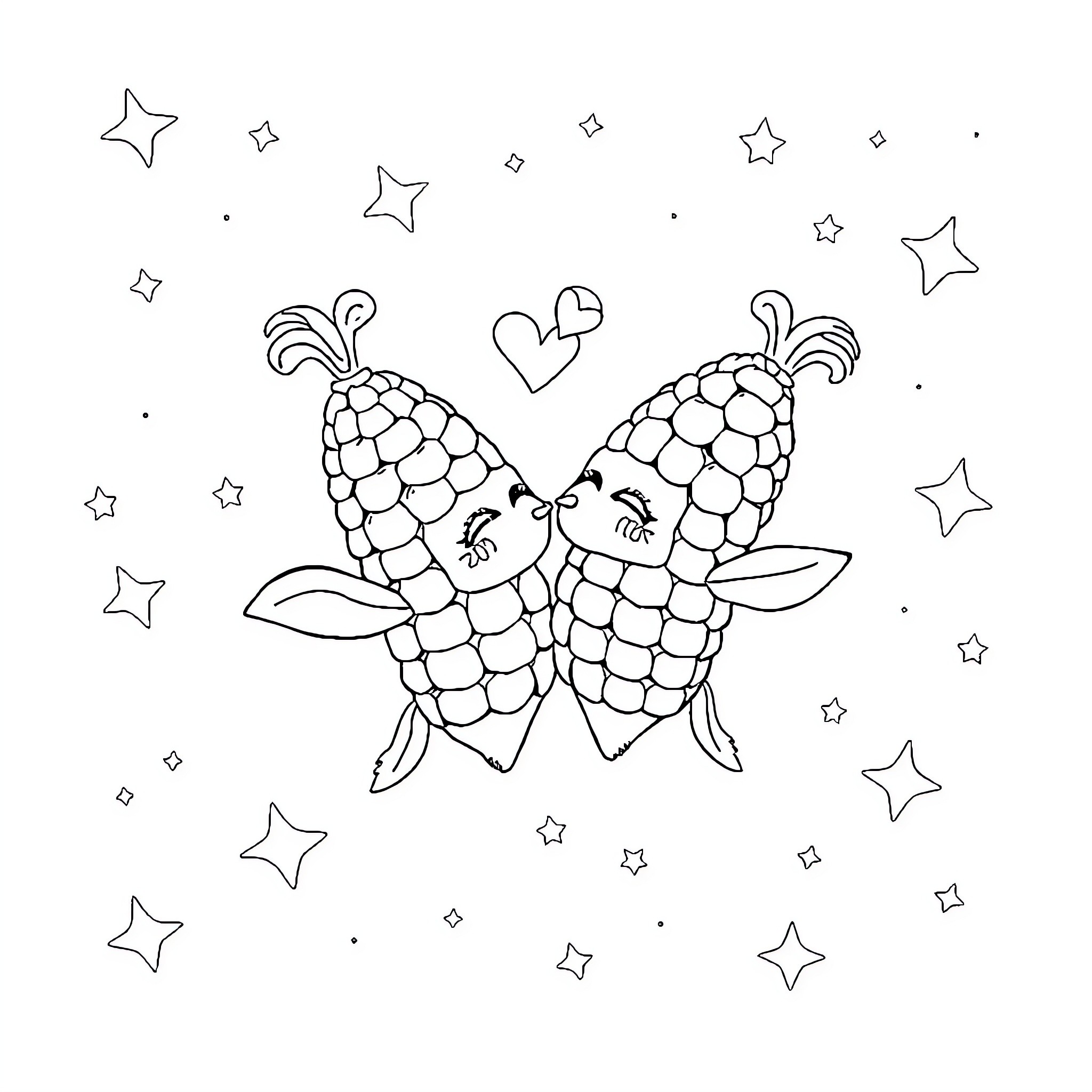 Corn cobs holding hands with stars in the sky Coloring Page (free black-and-white line drawing printable PDF for all, from beginners to advanced learners, including children, teens, adults, and seniors)