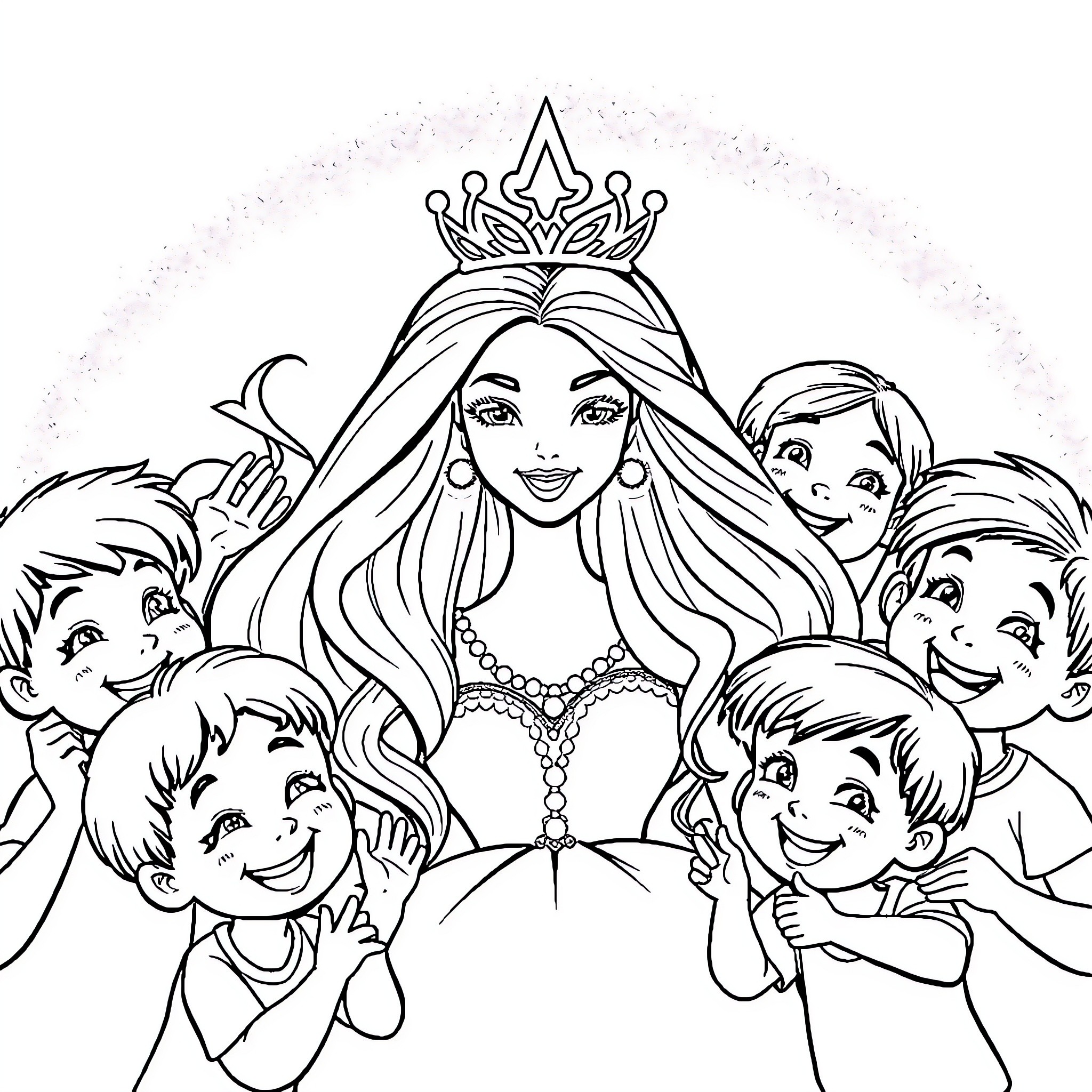 Barbie with adoring children in royal attire Coloring Page (free black-and-white line drawing printable PDF for all, from beginners to advanced learners, including children, teens, adults, and seniors)