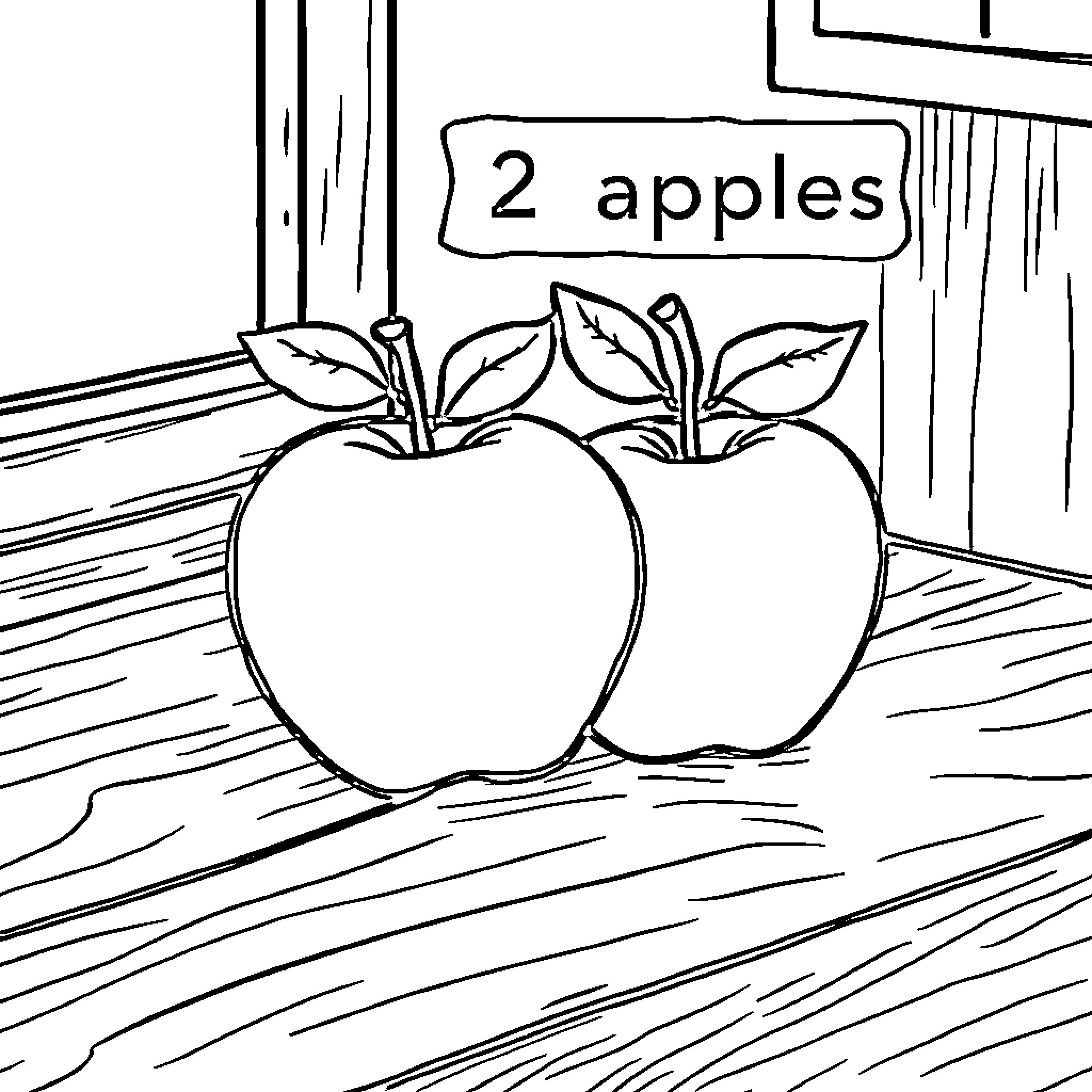 Apple Display of Two Apples on a Wooden Shelf Coloring Page (free black-and-white line drawing printable PDF for all, from beginners to advanced learners, including children, teens, adults, and seniors)