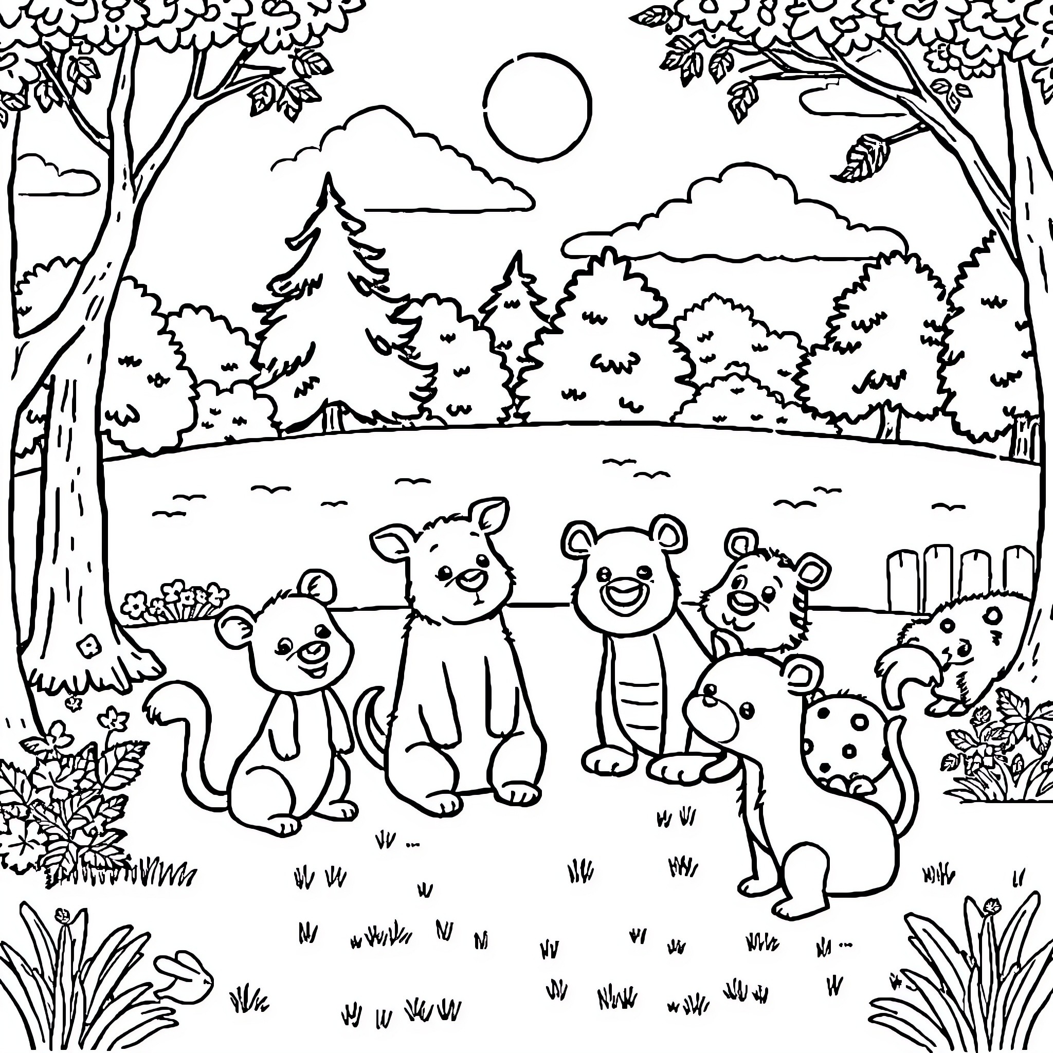 Animal friends in a peaceful forest scene Coloring Page (free black-and-white line drawing printable PDF for all, from beginners to advanced learners, including children, teens, adults, and seniors)