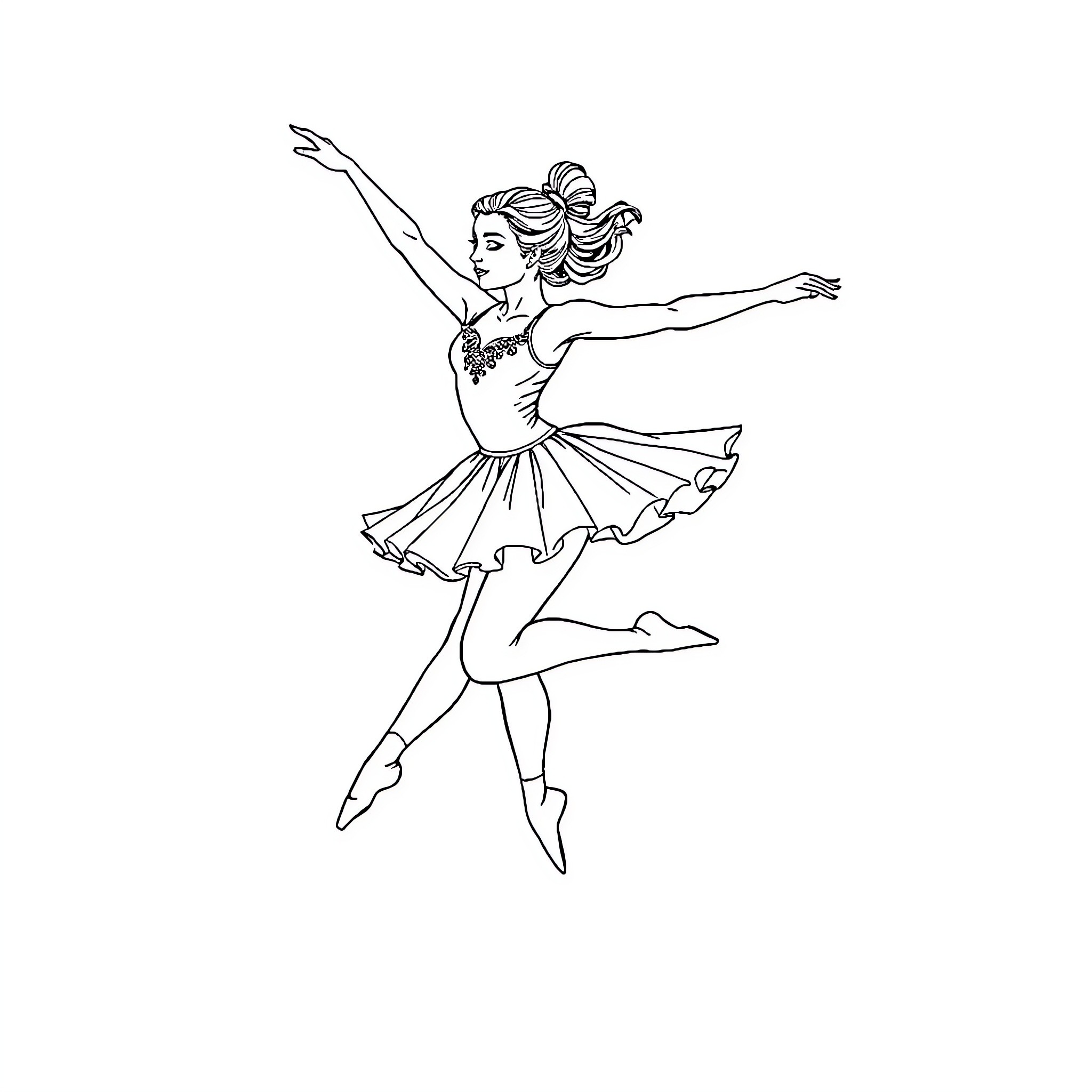 Ballerina performing graceful dance moves Coloring Page (free black-and-white line drawing printable PDF for all, from beginners to advanced learners, including children, teens, adults, and seniors)