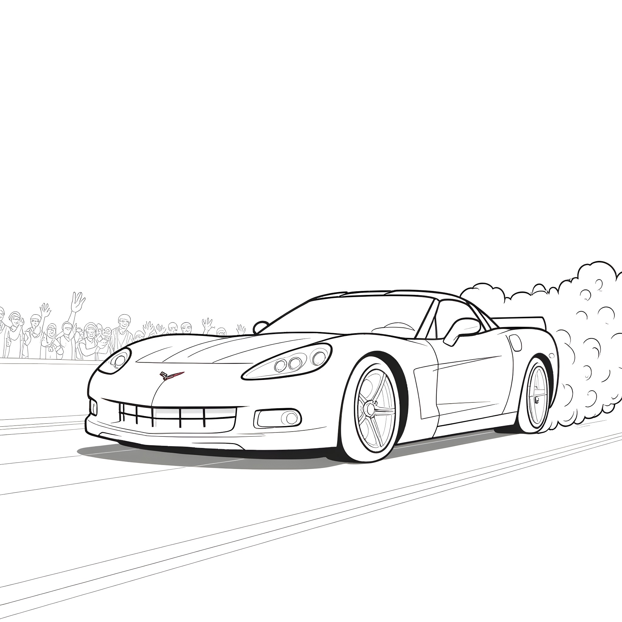 Corvette racing on the track Coloring Page (free black-and-white line drawing printable PDF for all, from beginners to advanced learners, including children, teens, adults, and seniors)