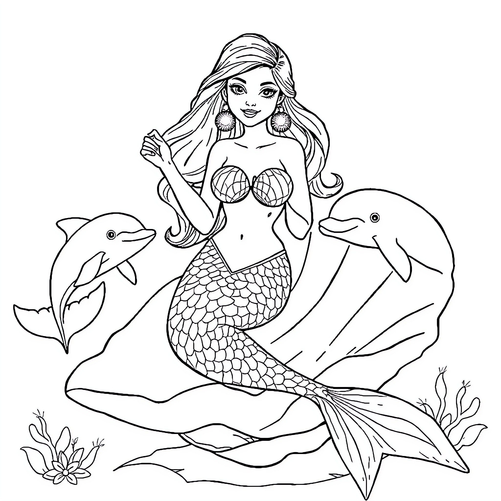 Mermaid swimming with friendly dolphins Coloring Page (free black-and-white line drawing printable PDF for all, from beginners to advanced learners, including children, teens, adults, and seniors)