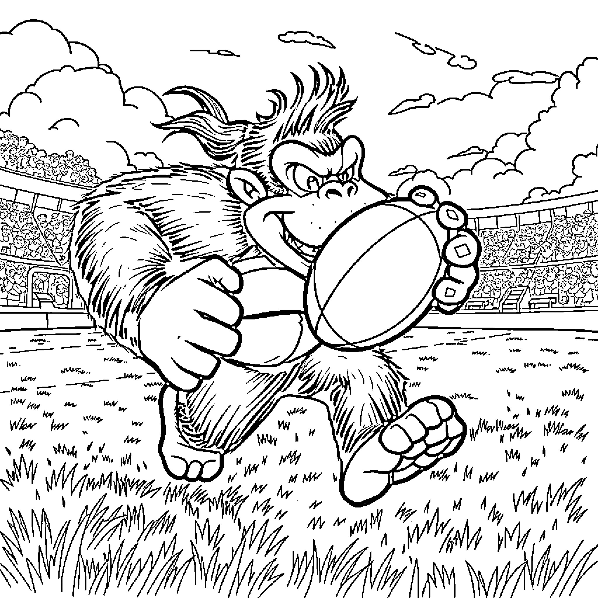 Donkey Kog playing joyfully in a sports arena Coloring Page (free black-and-white line drawing printable PDF for all, from beginners to advanced learners, including children, teens, adults, and seniors)