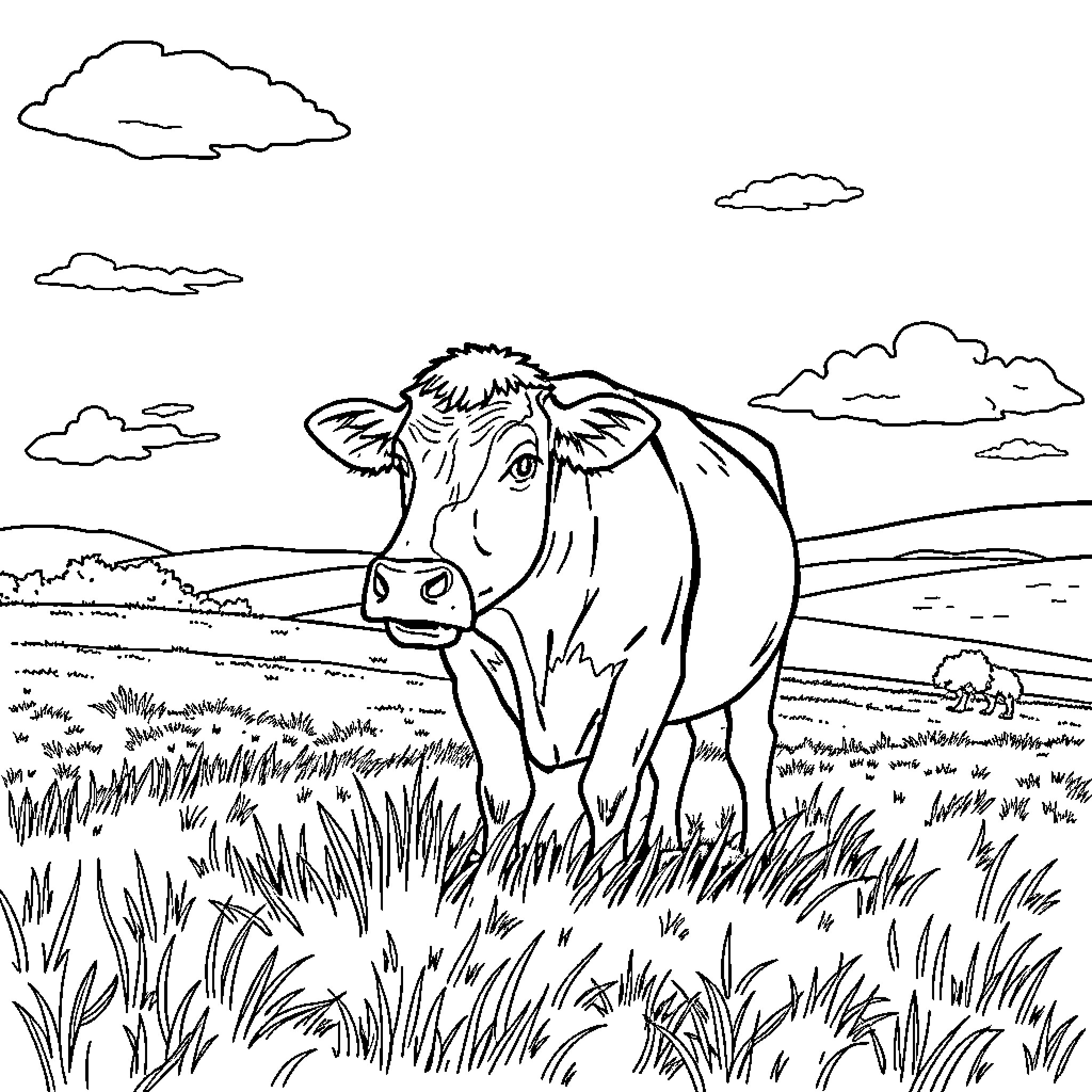 Cow standing in pastoral field Coloring Page (free black-and-white line drawing printable PDF for all, from beginners to advanced learners, including children, teens, adults, and seniors)