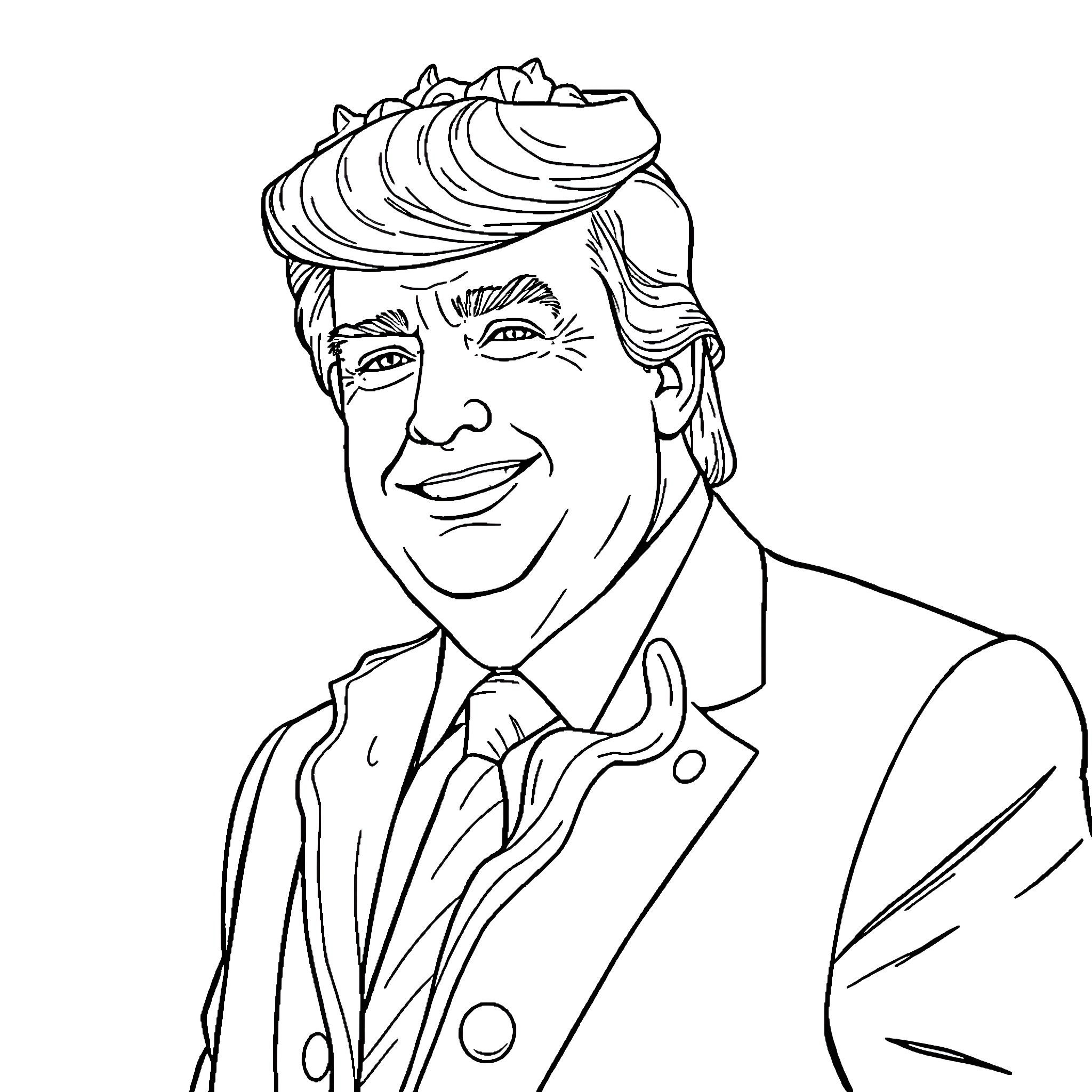 Trump smiling confidently in formal attire Coloring Page (free black-and-white line drawing printable PDF for all, from beginners to advanced learners, including children, teens, adults, and seniors)