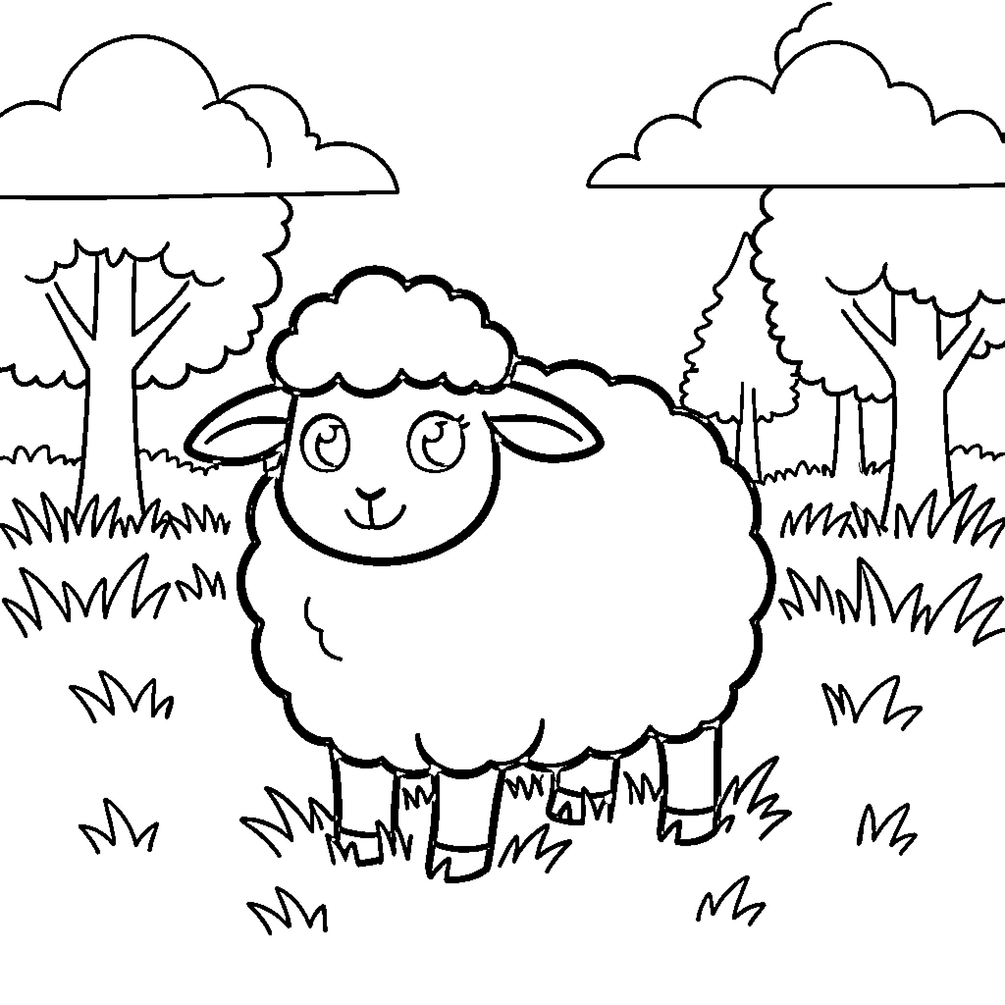 Sheep enjoying the scenic countryside Coloring Page (free black-and-white line drawing printable PDF for all, from beginners to advanced learners, including children, teens, adults, and seniors)
