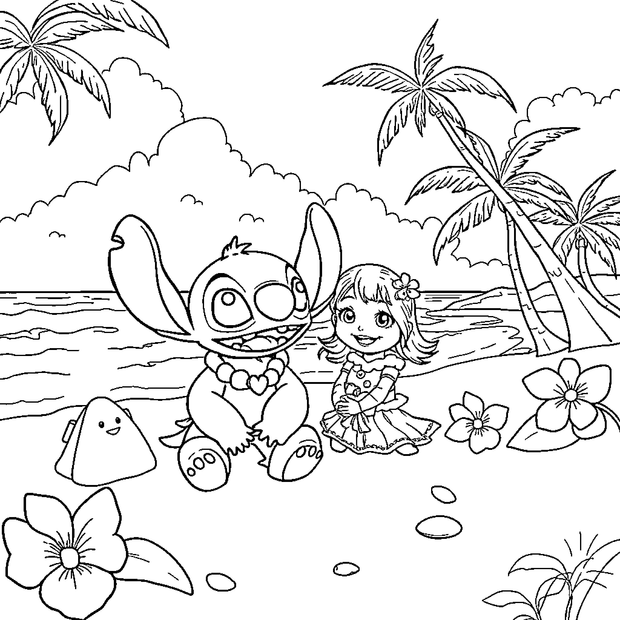 Lilo And Stitch playing on the beach Coloring Page (free black-and-white line drawing printable PDF for all, from beginners to advanced learners, including children, teens, adults, and seniors)