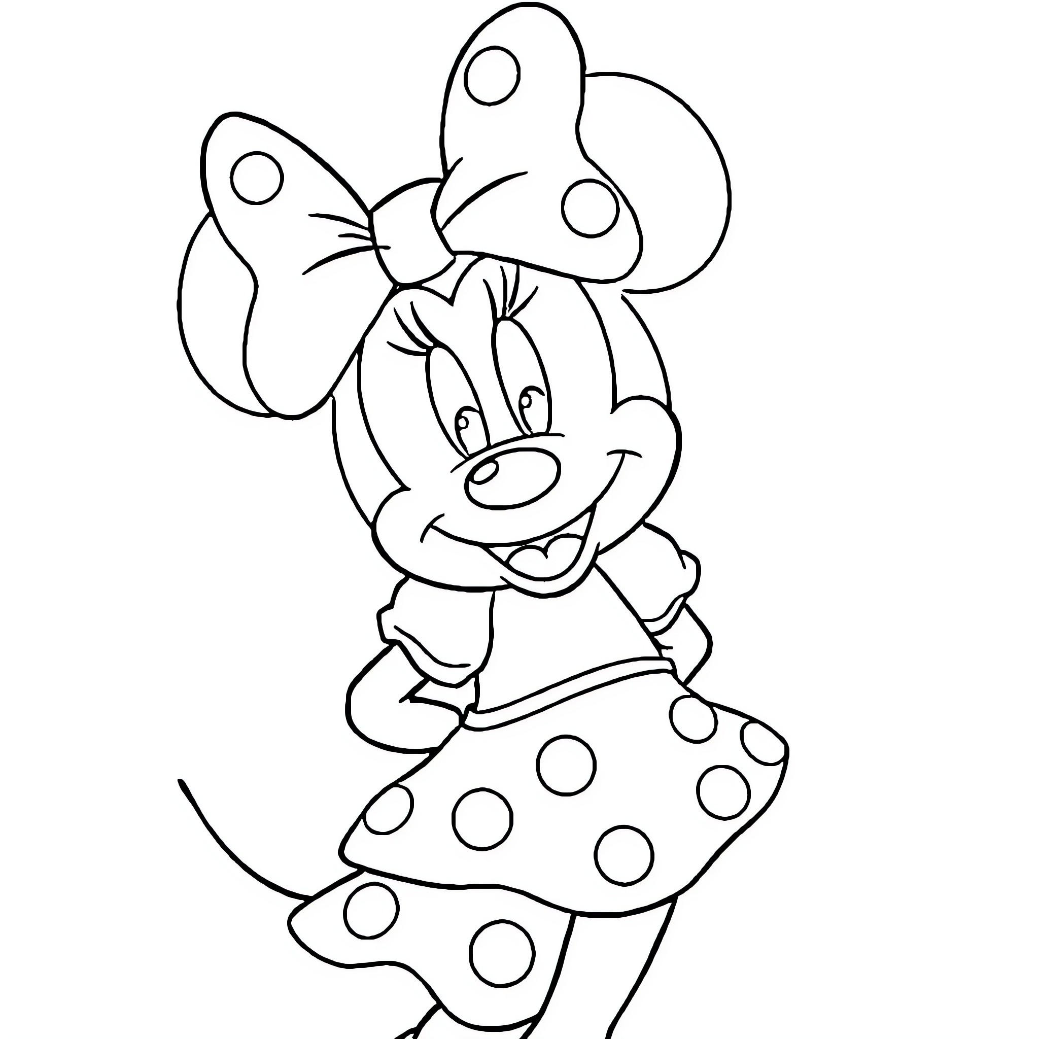 Minnie Mouse smiling with polka dot dress Coloring Page (free black-and-white line drawing printable PDF for all, from beginners to advanced learners, including children, teens, adults, and seniors)