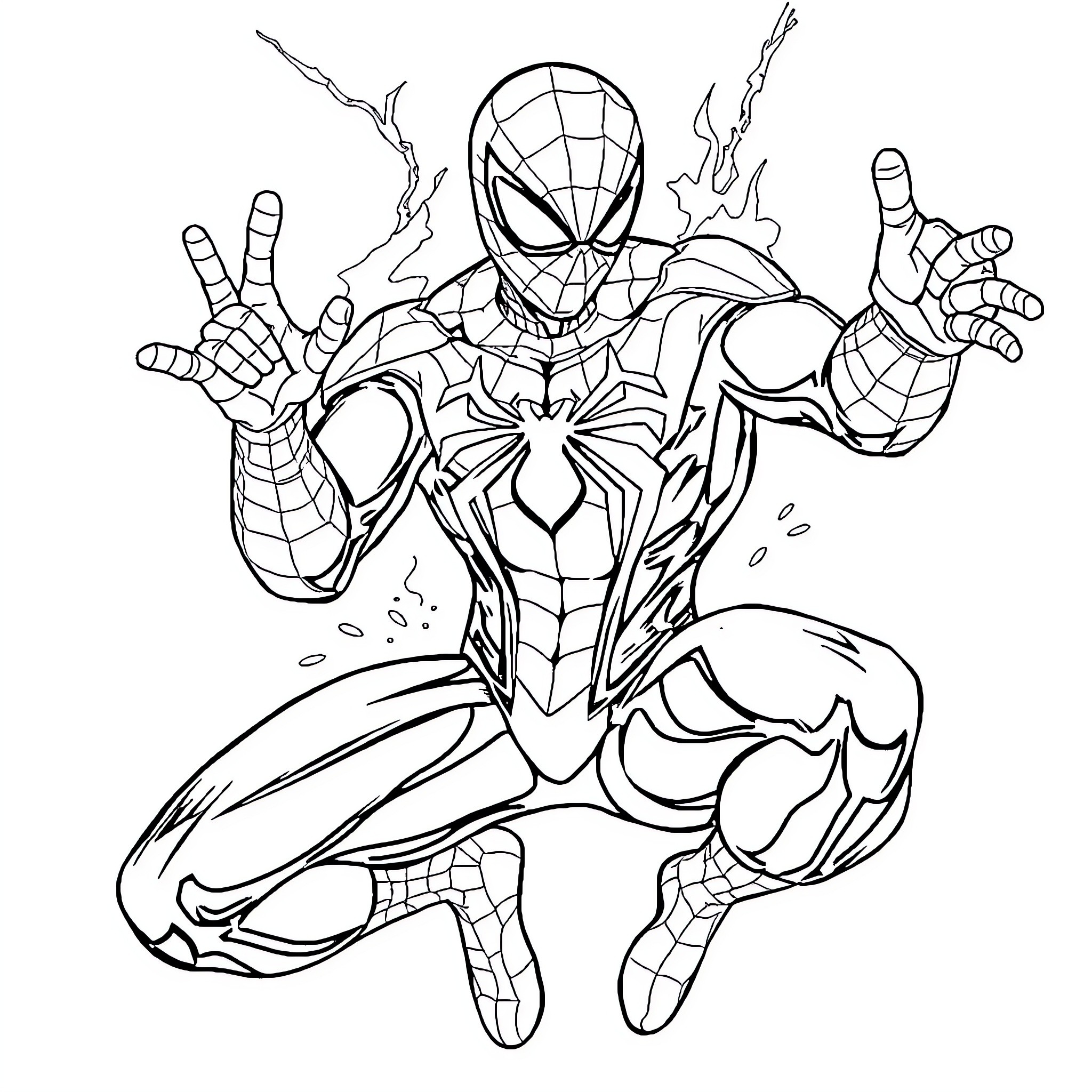 Spider-Man in heroic action pose Coloring Page (free black-and-white line drawing printable PDF for all, from beginners to advanced learners, including children, teens, adults, and seniors)
