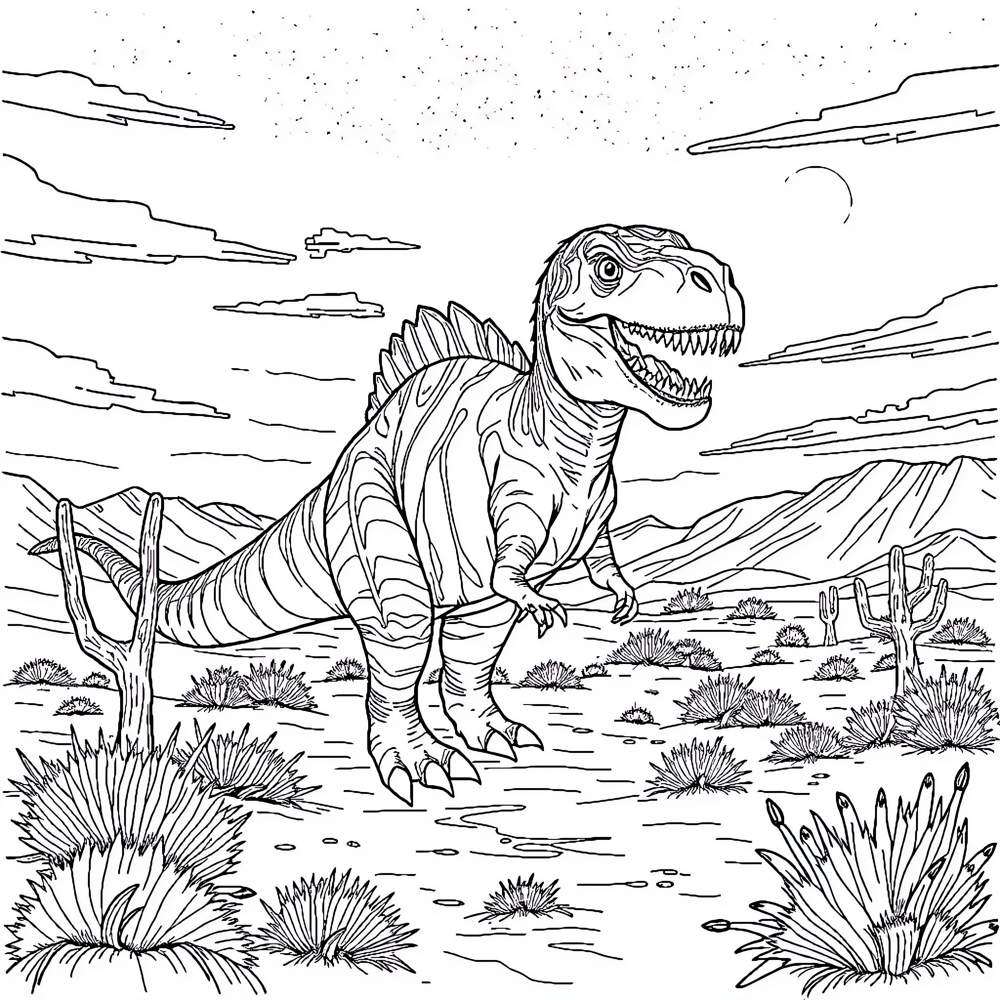 Unicorn Dinosaur Exploring the Desert Landscape Coloring Page (free black-and-white line drawing printable PDF for all, from beginners to advanced learners, including children, teens, adults, and seniors)