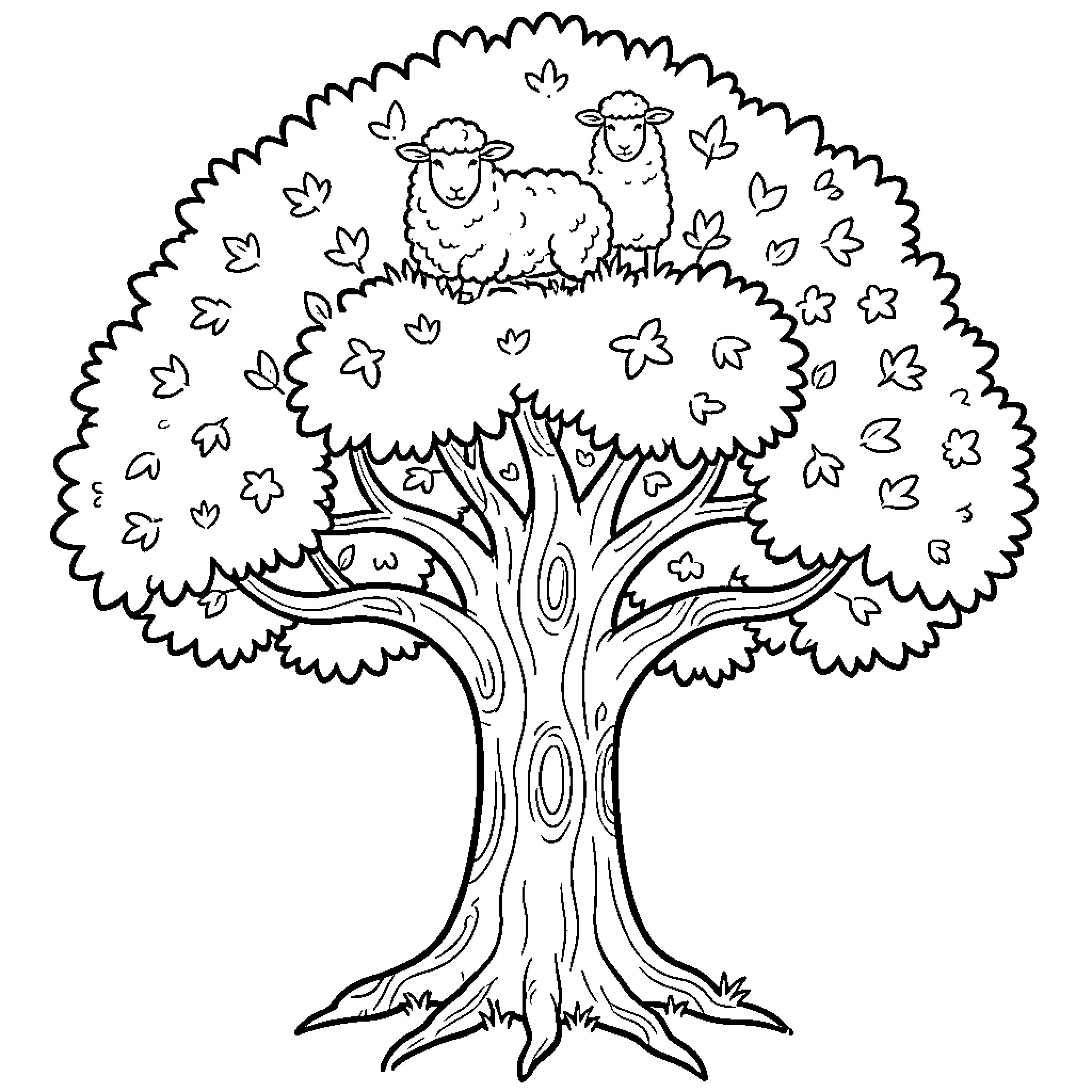 Tree with two sheep resting on the branches Coloring Page (free black-and-white line drawing printable PDF for all, from beginners to advanced learners, including children, teens, adults, and seniors)