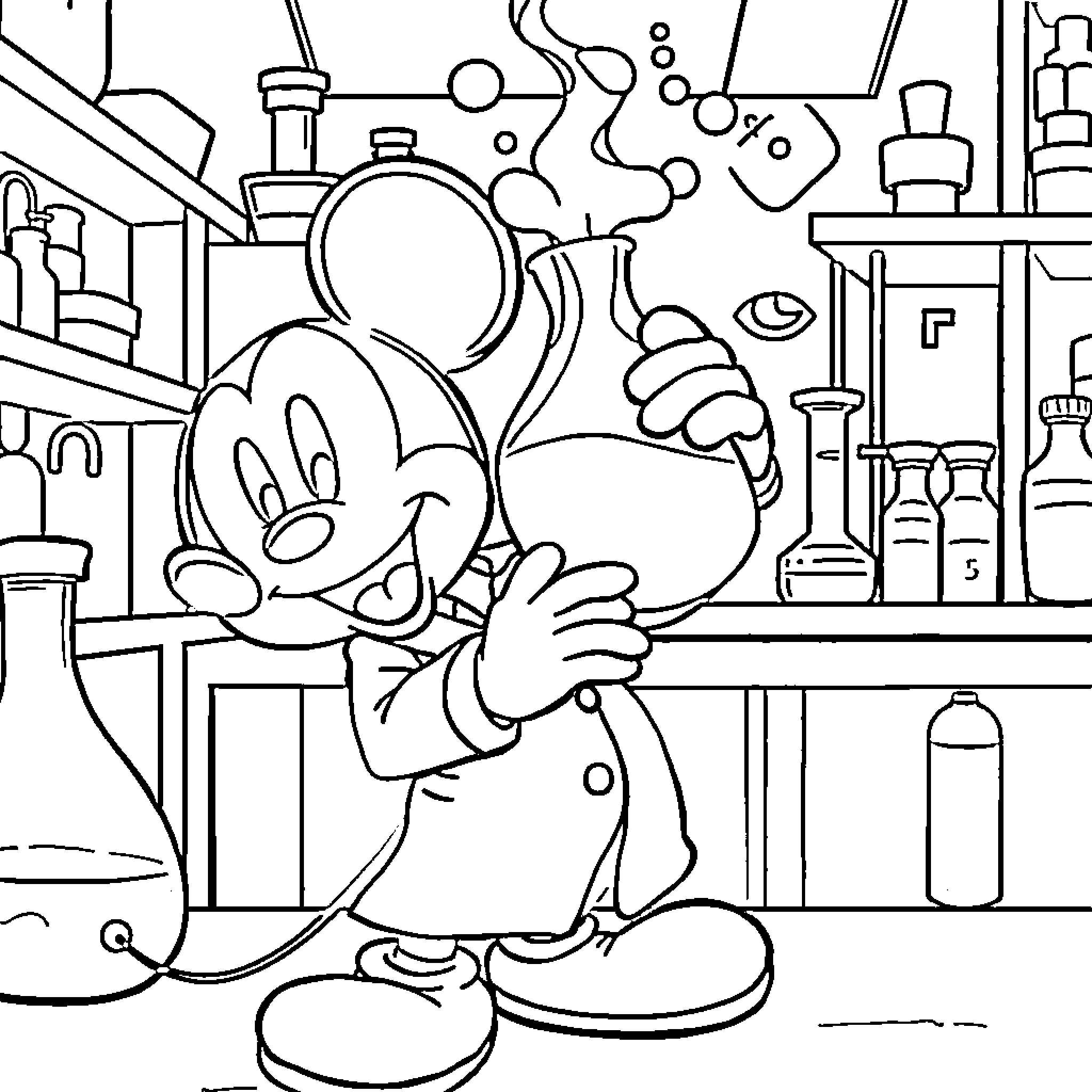 Mickey Mouse exploring a scientific laboratory Coloring Page (free black-and-white line drawing printable PDF for all, from beginners to advanced learners, including children, teens, adults, and seniors)