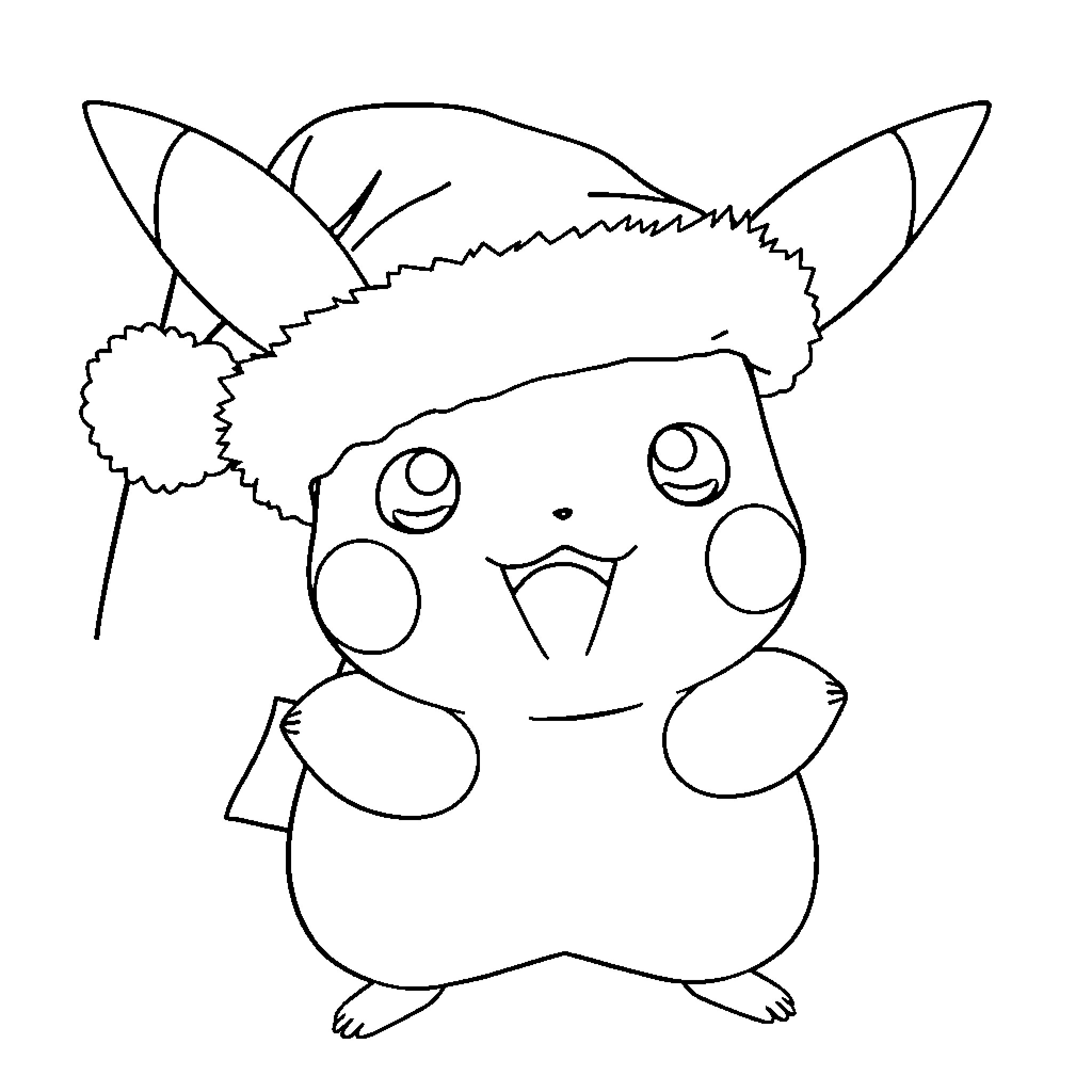 Pikachu wearing a cute hat with ears Coloring Page (free black-and-white line drawing printable PDF for all, from beginners to advanced learners, including children, teens, adults, and seniors)