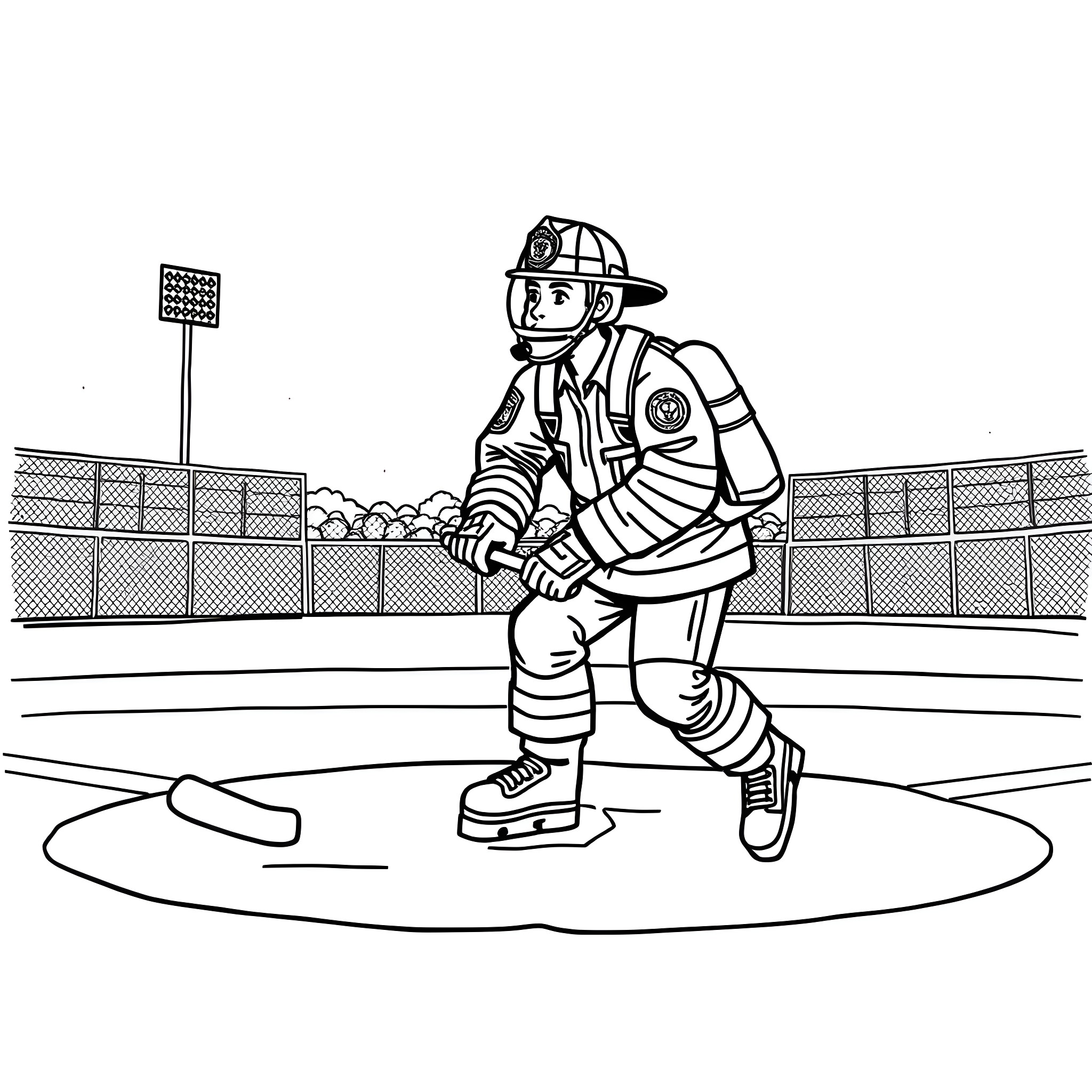 Firefighter standing on baseball field Coloring Page (free black-and-white line drawing printable PDF for all, from beginners to advanced learners, including children, teens, adults, and seniors)