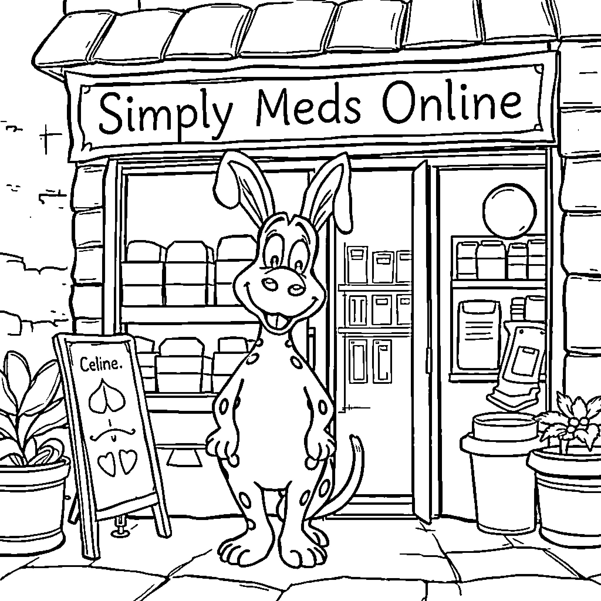 Dobby's Helpful Visit to the Simply Meds Online Store Coloring Page (free black-and-white line drawing printable PDF for all, from beginners to advanced learners, including children, teens, adults, and seniors)