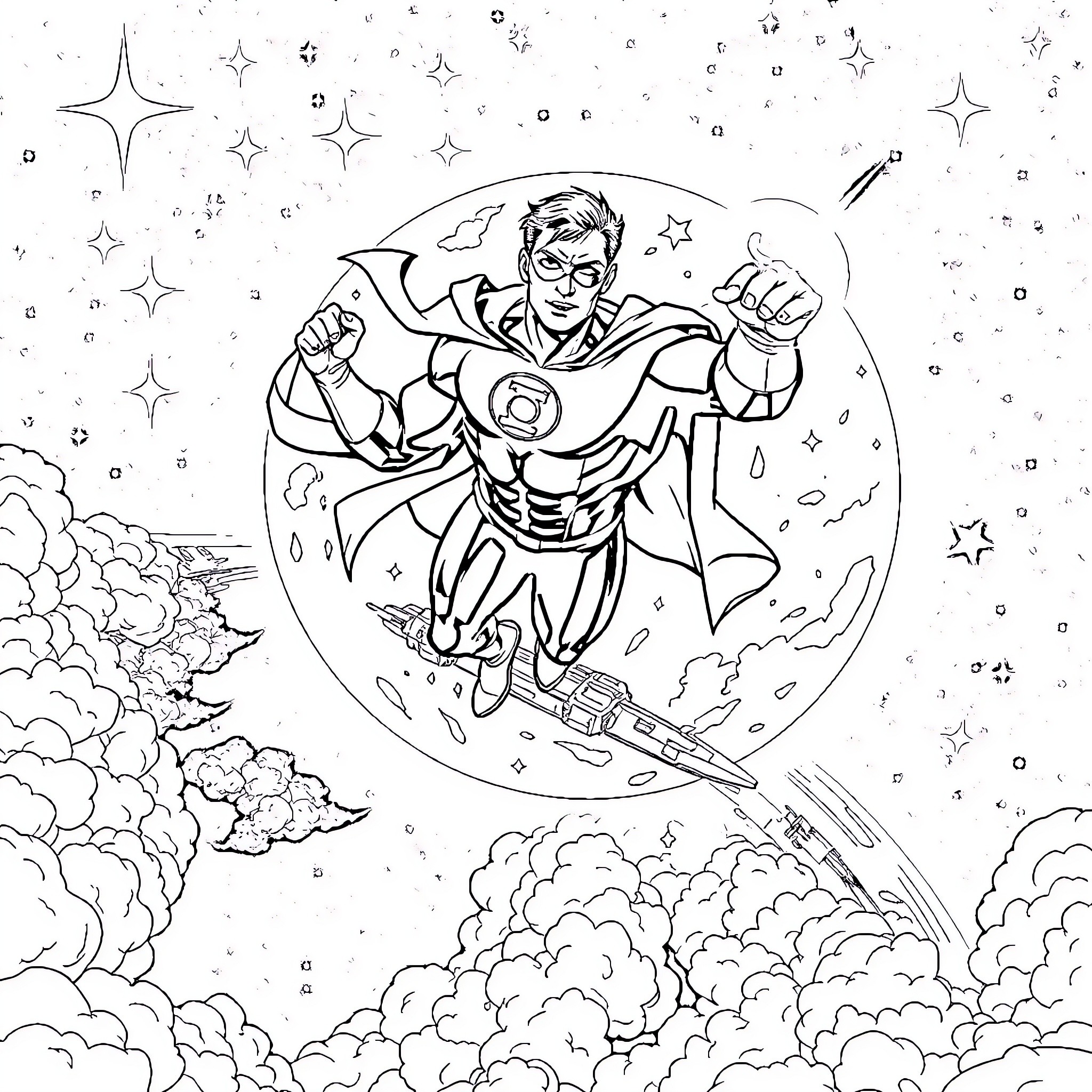 Green Lantern hero soaring through cosmic skies Coloring Page (free black-and-white line drawing printable PDF for all, from beginners to advanced learners, including children, teens, adults, and seniors)