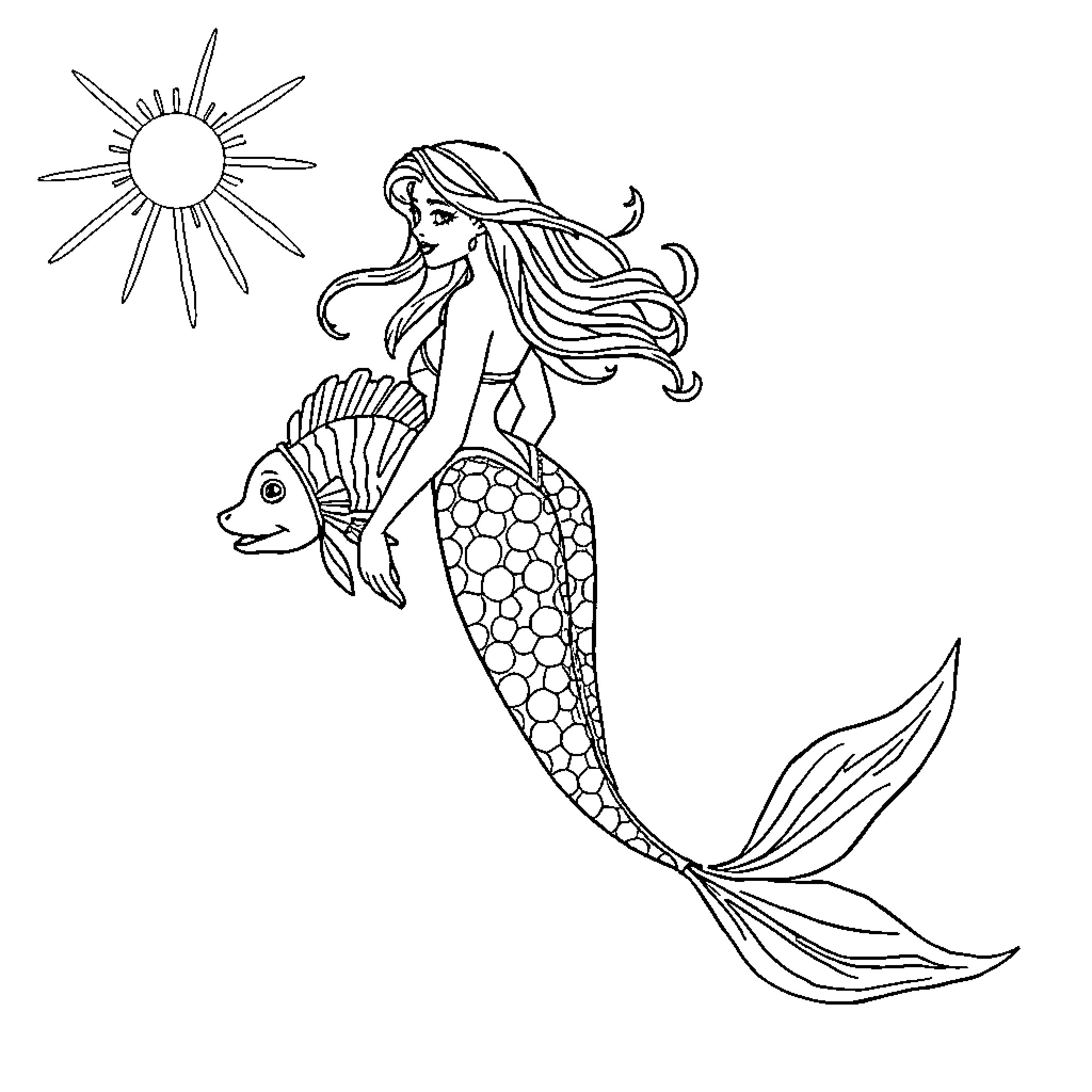 Mermaid swimming with a fish in the sun Coloring Page (free black-and-white line drawing printable PDF for all, from beginners to advanced learners, including children, teens, adults, and seniors)